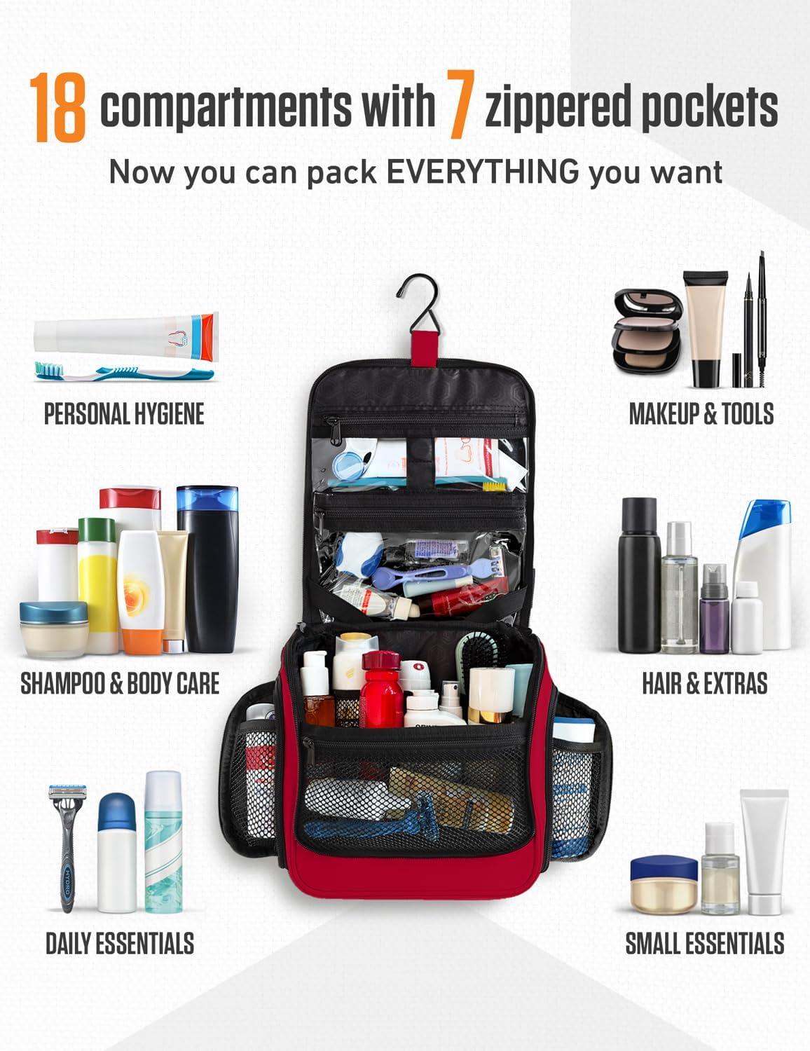 image:imageVENTURE 4TH Hanging Travel Toiletry Bag for Women amp Men Large Toiletry Organizer with 18 Compartments Removable TSA Pouch Travel Wash Bag for Toiletries Makeup amp Shaving Kit Forest GreenRed