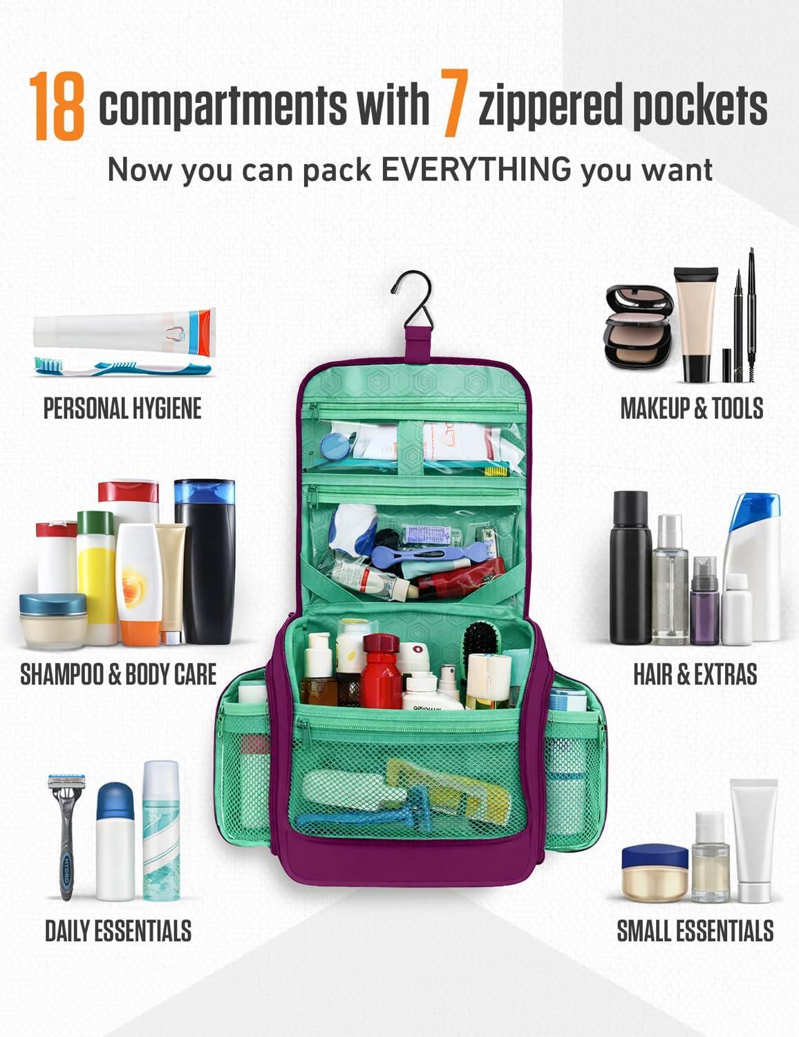 image:imageVENTURE 4TH Hanging Travel Toiletry Bag for Women amp Men Large Toiletry Organizer with 18 Compartments Removable TSA Pouch Travel Wash Bag for Toiletries Makeup amp Shaving Kit Forest GreenPurpleMint