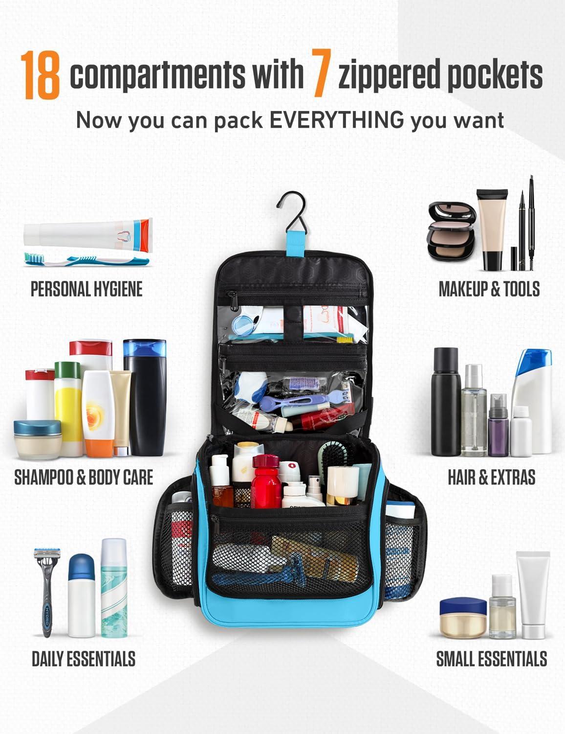 image:imageVENTURE 4TH Hanging Travel Toiletry Bag for Women amp Men Large Toiletry Organizer with 18 Compartments Removable TSA Pouch Travel Wash Bag for Toiletries Makeup amp Shaving Kit Forest GreenLight Blue