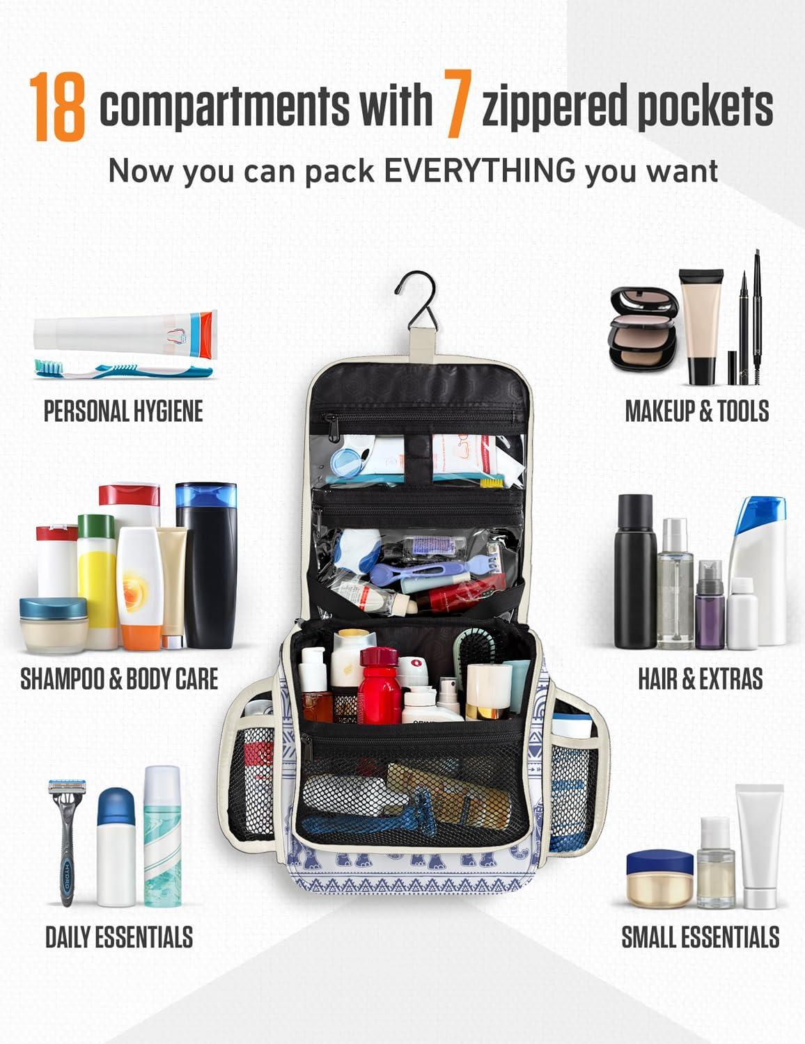 image:imageVENTURE 4TH Hanging Travel Toiletry Bag for Women amp Men Large Toiletry Organizer with 18 Compartments Removable TSA Pouch Travel Wash Bag for Toiletries Makeup amp Shaving Kit Forest GreenBlue Elephant