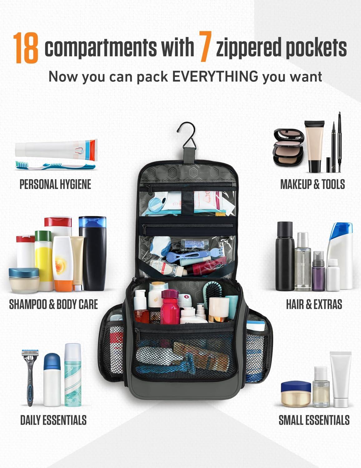 image:imageVENTURE 4TH Hanging Travel Toiletry Bag for Women amp Men Large Toiletry Organizer with 18 Compartments Removable TSA Pouch Travel Wash Bag for Toiletries Makeup amp Shaving Kit Forest GreenShadow Gray