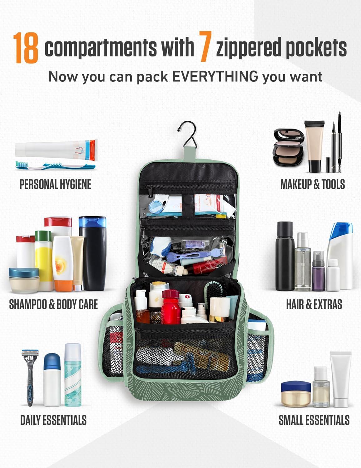 image:imageVENTURE 4TH Hanging Travel Toiletry Bag for Women amp Men Large Toiletry Organizer with 18 Compartments Removable TSA Pouch Travel Wash Bag for Toiletries Makeup amp Shaving Kit Forest GreenGreen Leaves
