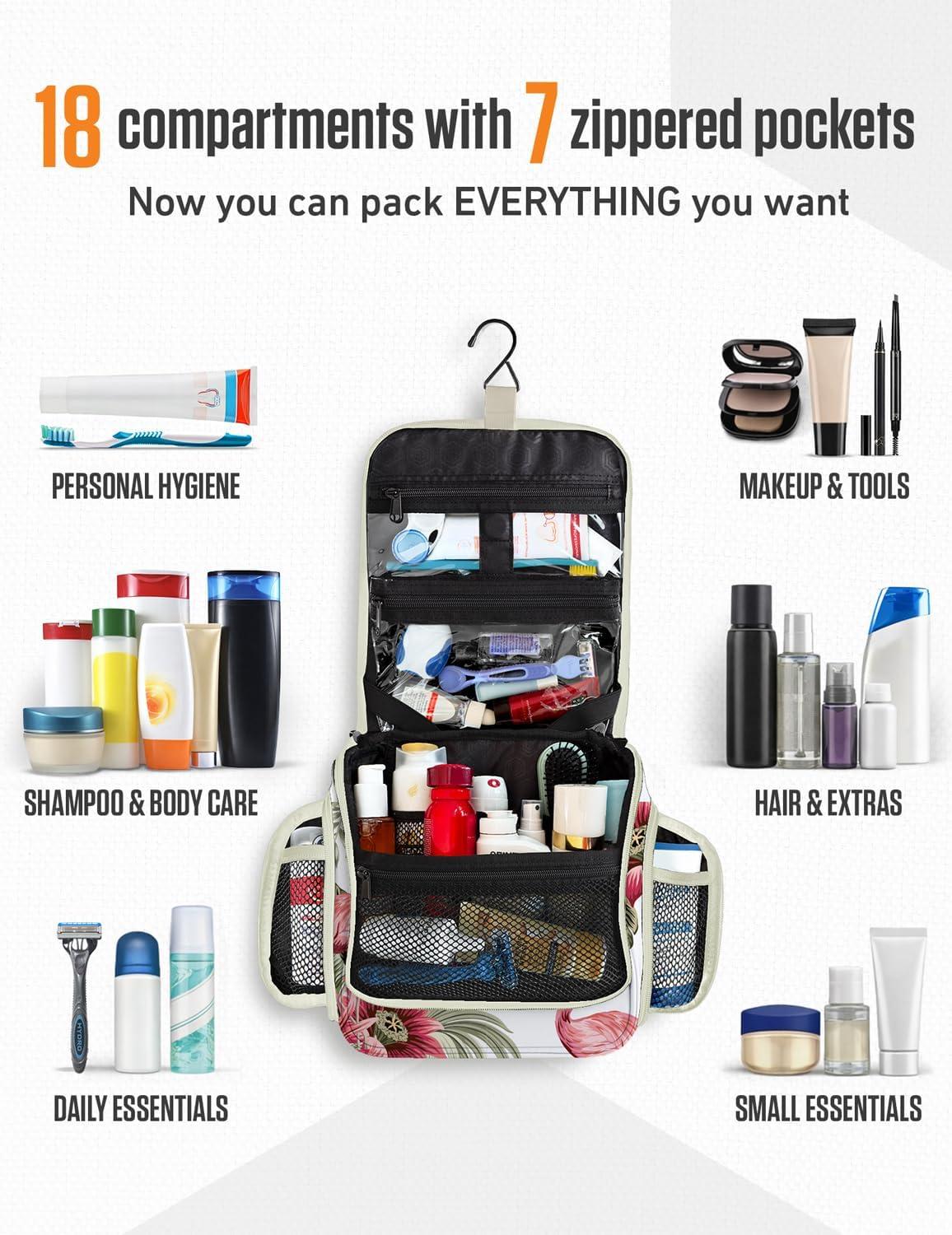 image:imageVENTURE 4TH Hanging Travel Toiletry Bag for Women amp Men Large Toiletry Organizer with 18 Compartments Removable TSA Pouch Travel Wash Bag for Toiletries Makeup amp Shaving Kit Forest GreenPink Flamingo