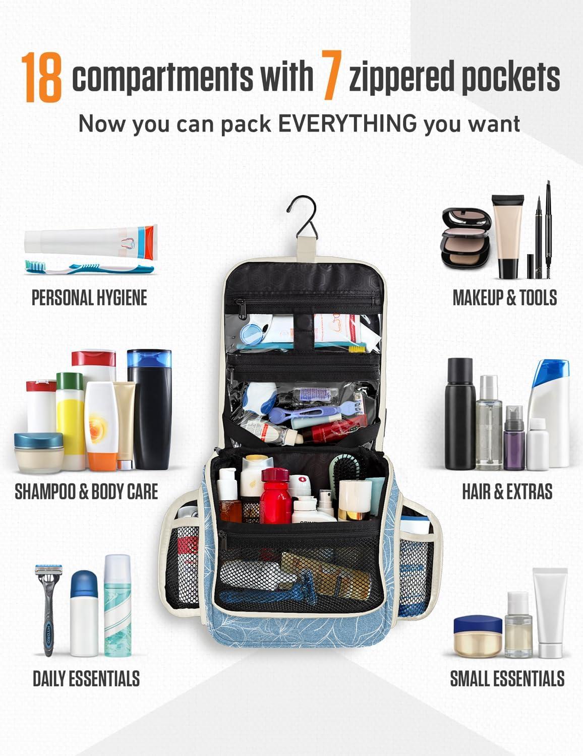 image:imageVENTURE 4TH Hanging Travel Toiletry Bag for Women amp Men Large Toiletry Organizer with 18 Compartments Removable TSA Pouch Travel Wash Bag for Toiletries Makeup amp Shaving Kit Forest GreenBlue Flowers