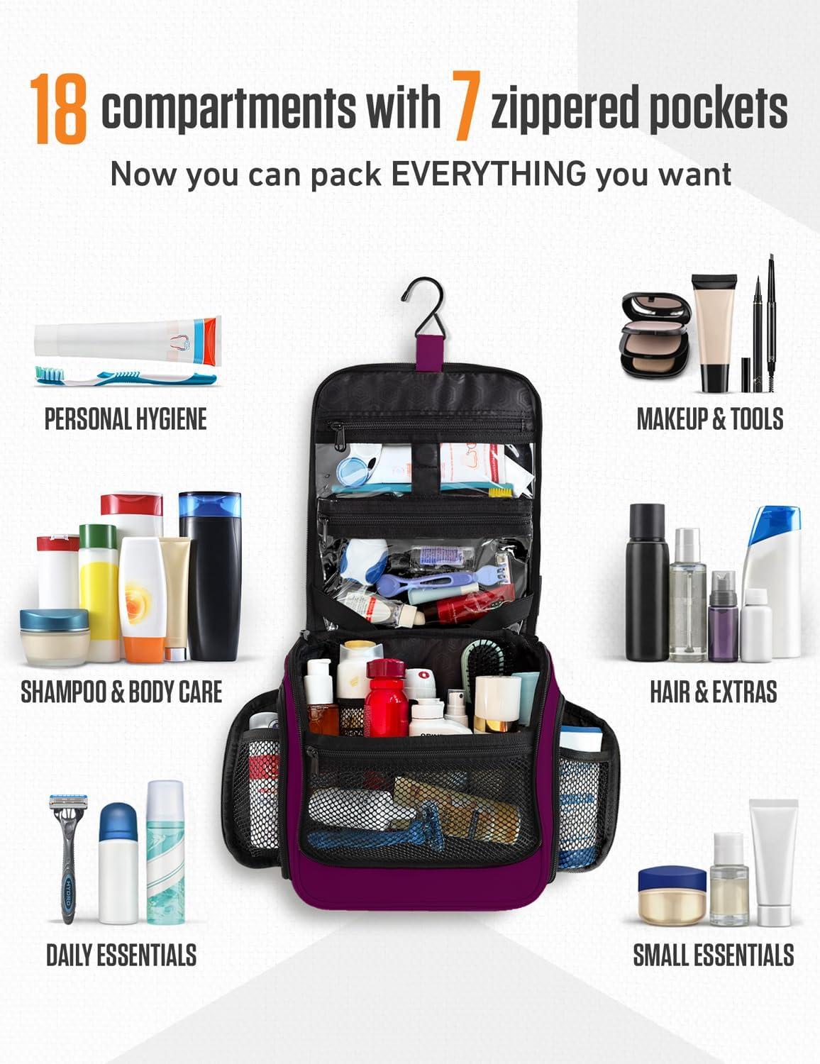 image:imageVENTURE 4TH Hanging Travel Toiletry Bag for Women amp Men Large Toiletry Organizer with 18 Compartments Removable TSA Pouch Travel Wash Bag for Toiletries Makeup amp Shaving Kit Forest GreenPurple