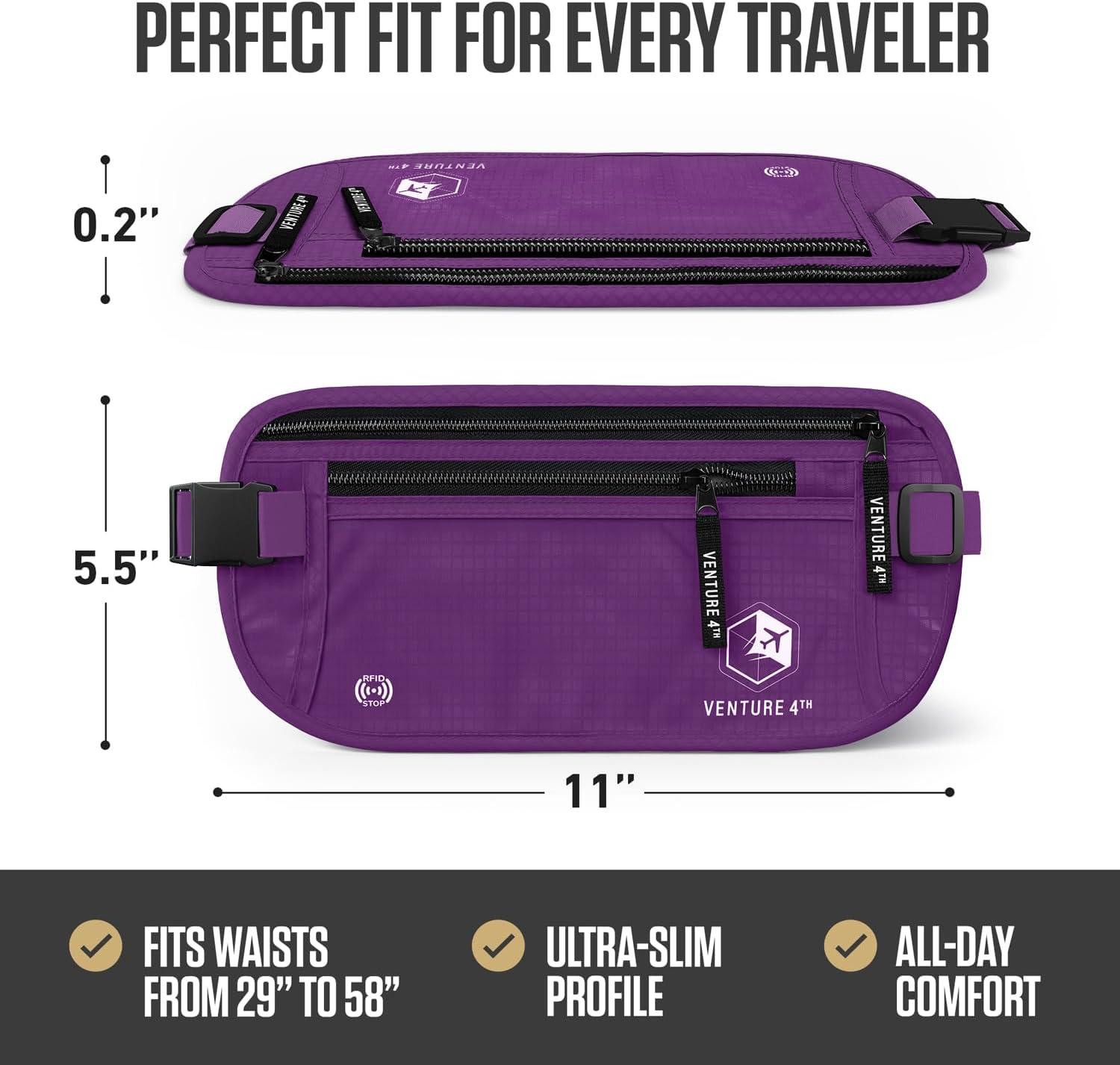 image:imageVENTURE 4TH Money Belt for Travel Hidden UnderClothes RFID Blocking Passport Holder amp Slim Travel Wallet Pouch for Men amp Women to Protect Cash Cards amp Documents Sleek BluePurple