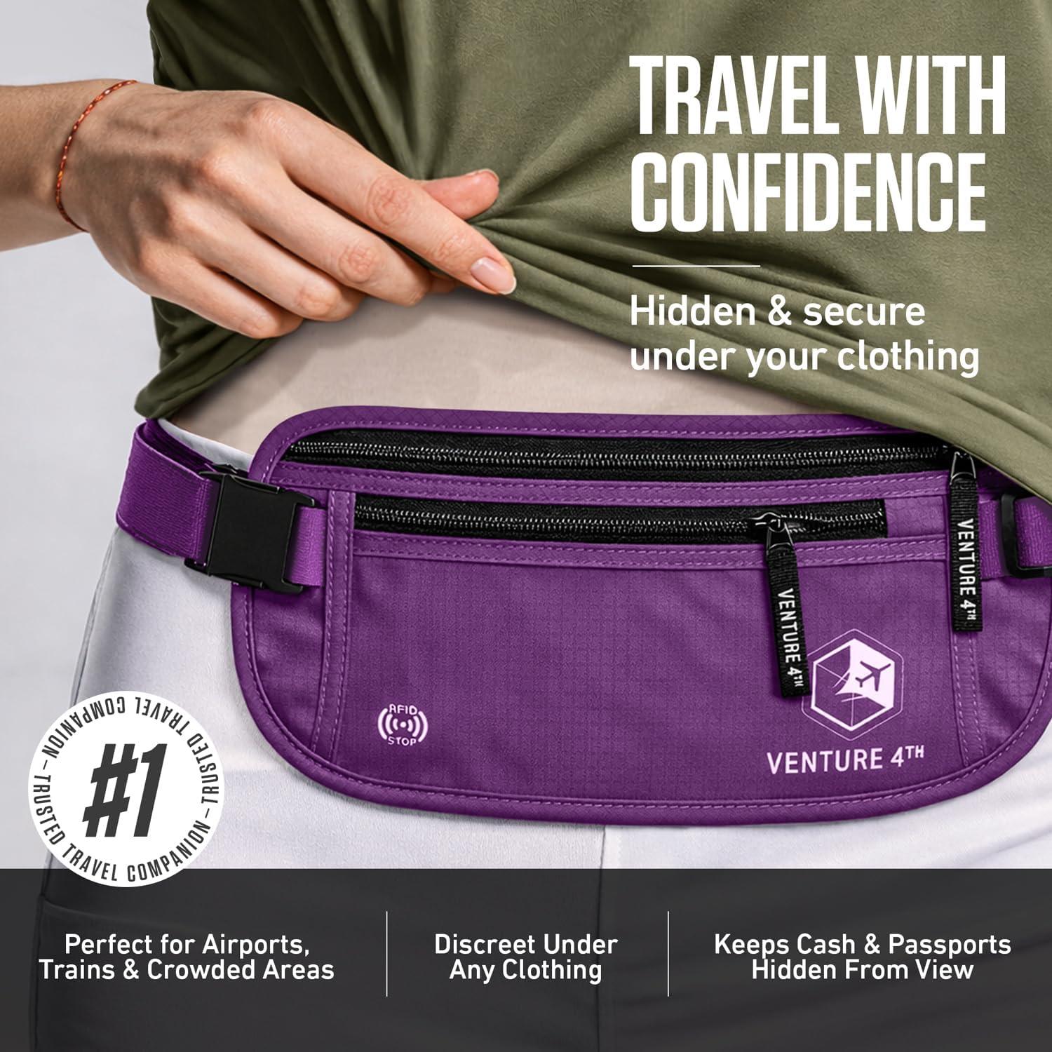 image:imageVENTURE 4TH Money Belt for Travel Hidden UnderClothes RFID Blocking Passport Holder amp Slim Travel Wallet Pouch for Men amp Women to Protect Cash Cards amp Documents Sleek BluePurple