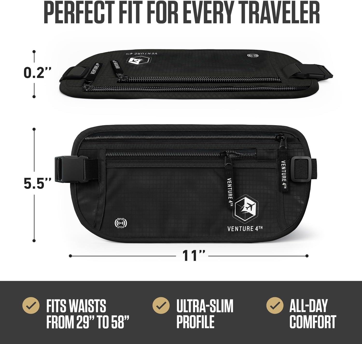 image:imageVENTURE 4TH Money Belt for Travel Hidden UnderClothes RFID Blocking Passport Holder amp Slim Travel Wallet Pouch for Men amp Women to Protect Cash Cards amp Documents Sleek BluePure Black