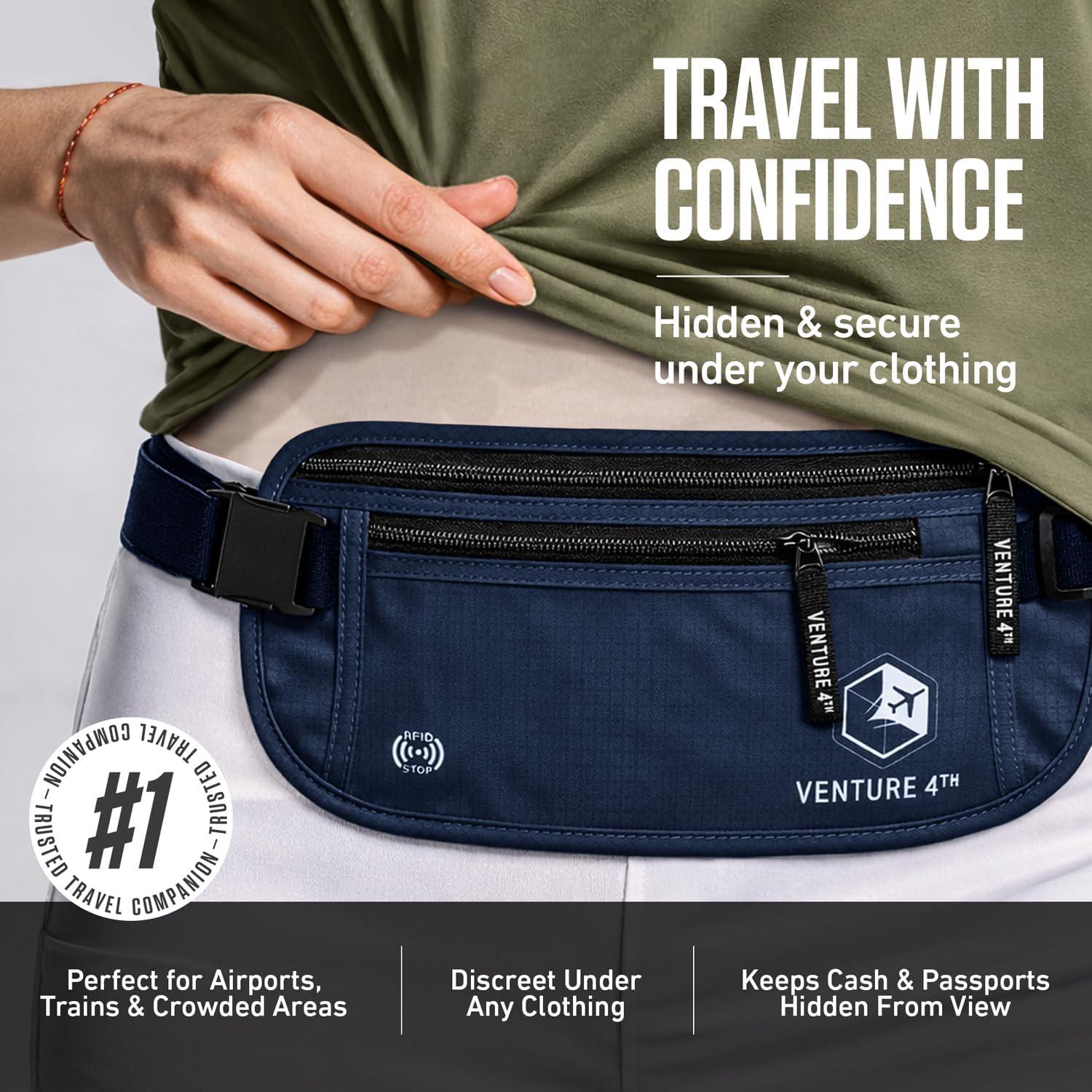 image:imageVENTURE 4TH Money Belt for Travel Hidden UnderClothes RFID Blocking Passport Holder amp Slim Travel Wallet Pouch for Men amp Women to Protect Cash Cards amp Documents Sleek BlueNavy Blue
