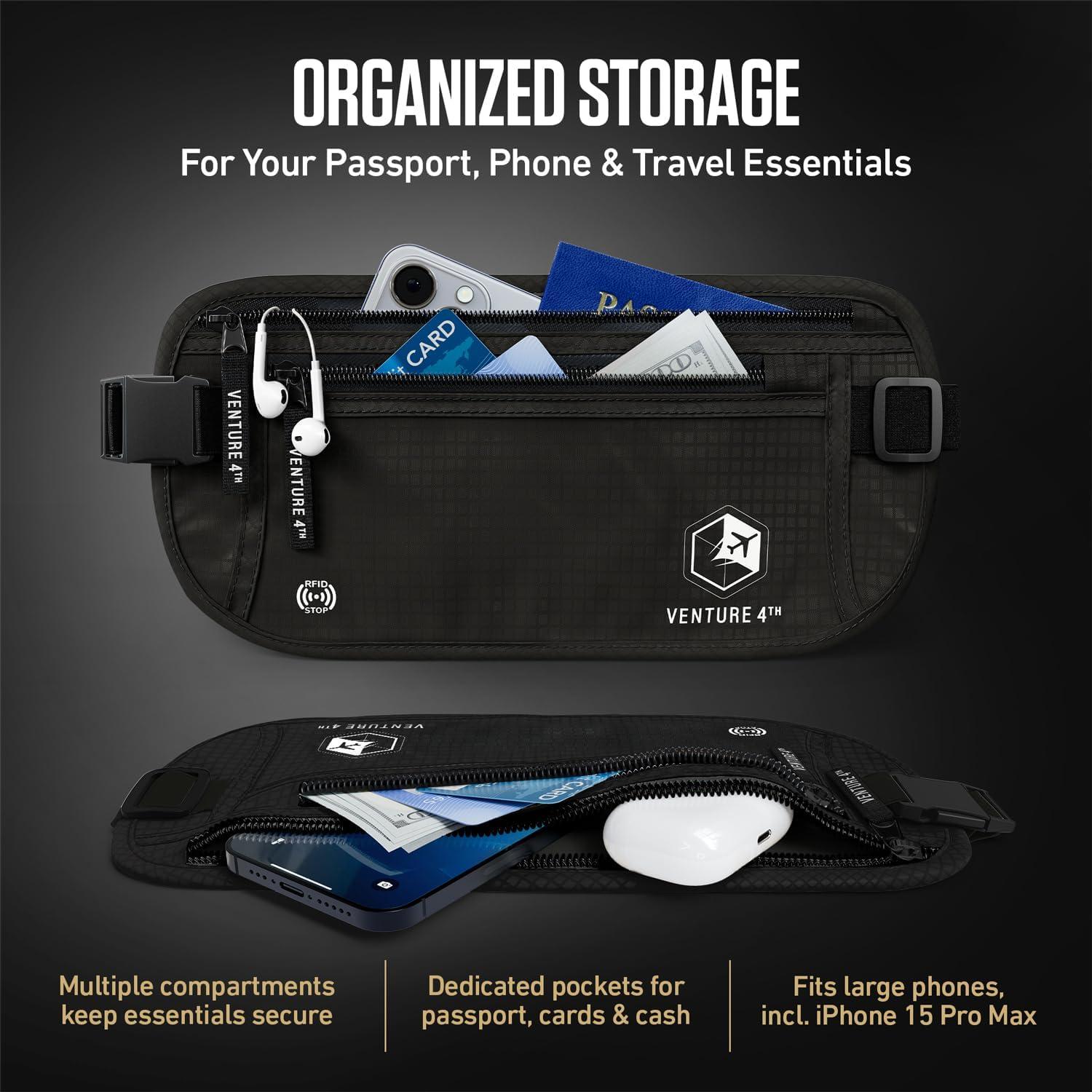 image:imageVENTURE 4TH Money Belt for Travel Hidden UnderClothes RFID Blocking Passport Holder amp Slim Travel Wallet Pouch for Men amp Women to Protect Cash Cards amp Documents Sleek BluePure Black
