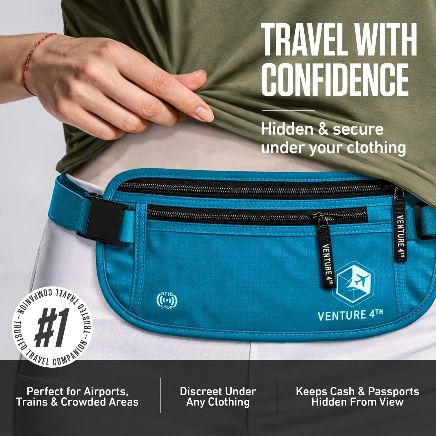image:imageVENTURE 4TH Money Belt for Travel Hidden UnderClothes RFID Blocking Passport Holder amp Slim Travel Wallet Pouch for Men amp Women to Protect Cash Cards amp Documents Sleek BlueBlue
