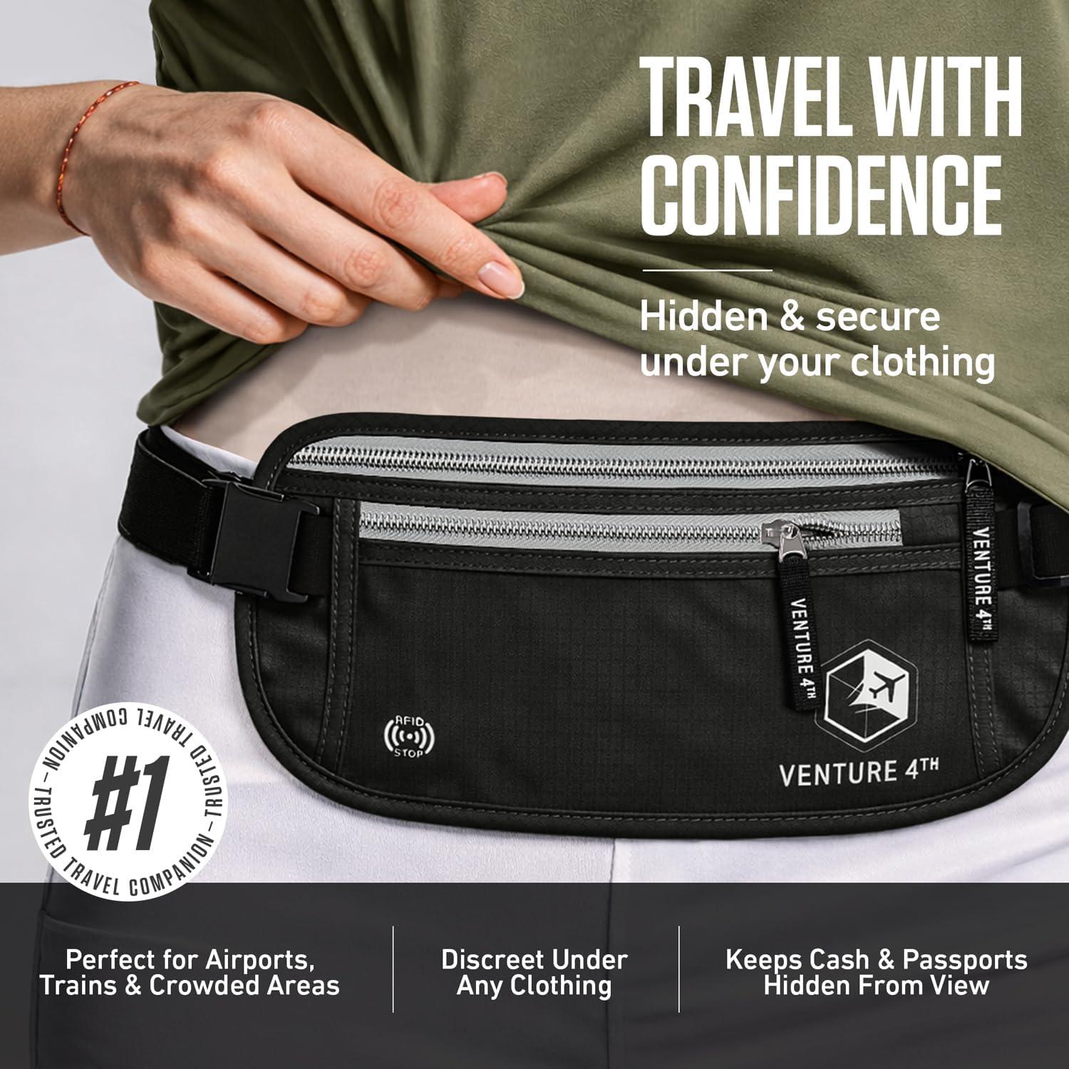image:imageVENTURE 4TH Money Belt for Travel Hidden UnderClothes RFID Blocking Passport Holder amp Slim Travel Wallet Pouch for Men amp Women to Protect Cash Cards amp Documents Sleek BlueBlack