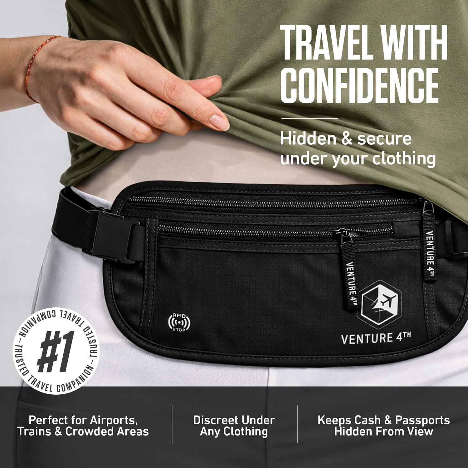 image:imageVENTURE 4TH Money Belt for Travel Hidden UnderClothes RFID Blocking Passport Holder amp Slim Travel Wallet Pouch for Men amp Women to Protect Cash Cards amp Documents Sleek BluePure Black