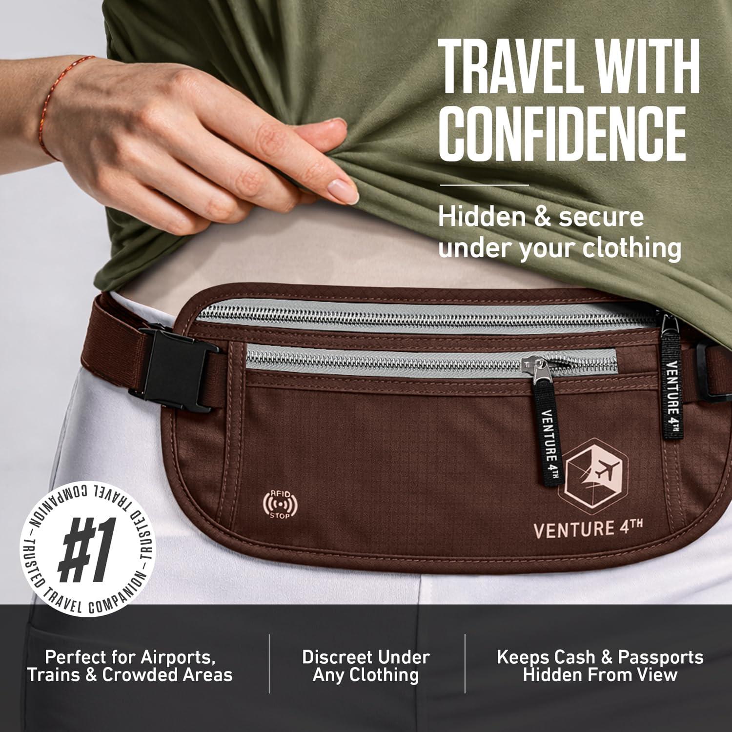 image:imageVENTURE 4TH Money Belt for Travel Hidden UnderClothes RFID Blocking Passport Holder amp Slim Travel Wallet Pouch for Men amp Women to Protect Cash Cards amp Documents Sleek BlueBrown