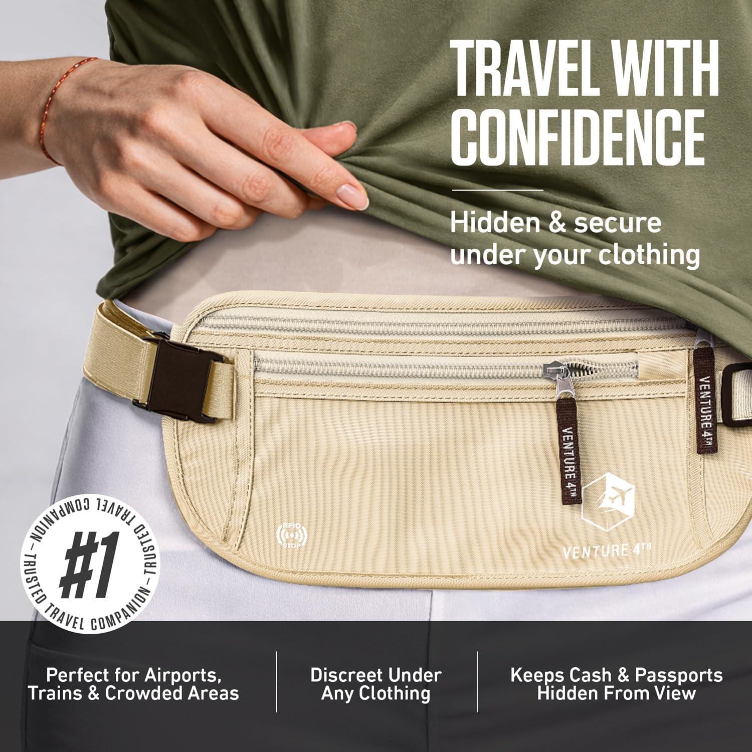 image:imageVENTURE 4TH Money Belt for Travel Hidden UnderClothes RFID Blocking Passport Holder amp Slim Travel Wallet Pouch for Men amp Women to Protect Cash Cards amp Documents Sleek BlueBeige