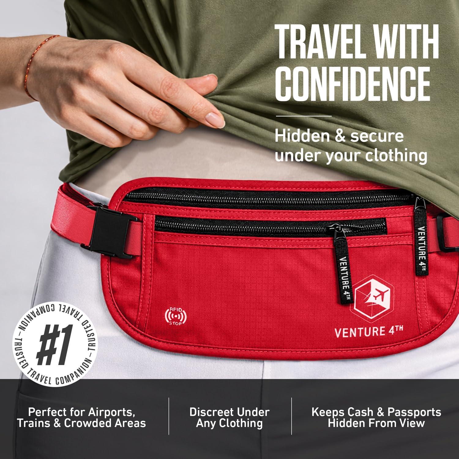 image:imageVENTURE 4TH Money Belt for Travel Hidden UnderClothes RFID Blocking Passport Holder amp Slim Travel Wallet Pouch for Men amp Women to Protect Cash Cards amp Documents Sleek BlueRed