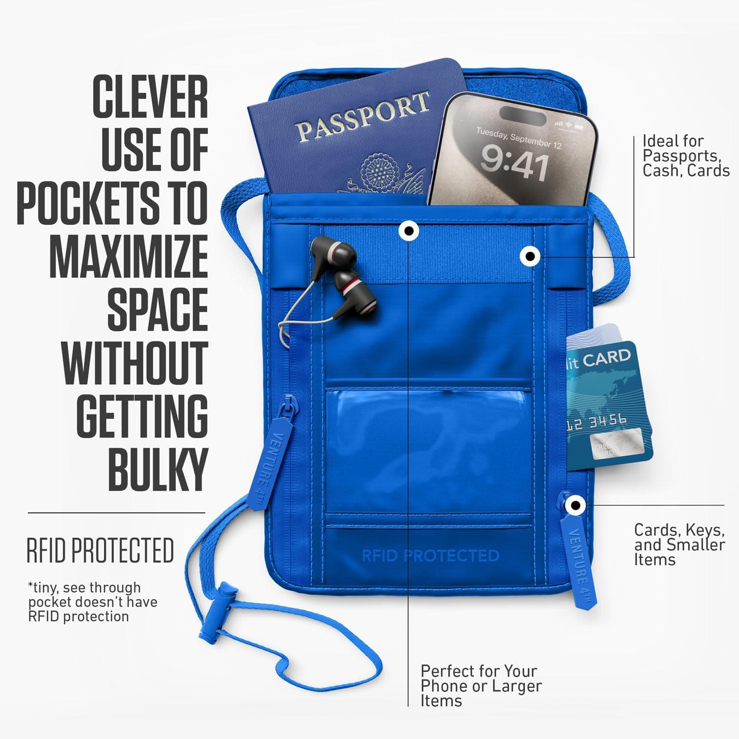 image:imageVENTURE 4TH Neck Wallet for Women amp Men RFID Blocking Passport Holder for Travel Hidden Neck Pouch with 6 Compartments Slim Lightweight Travel Organizer with Adjustable Strap BeigeSleek Blue