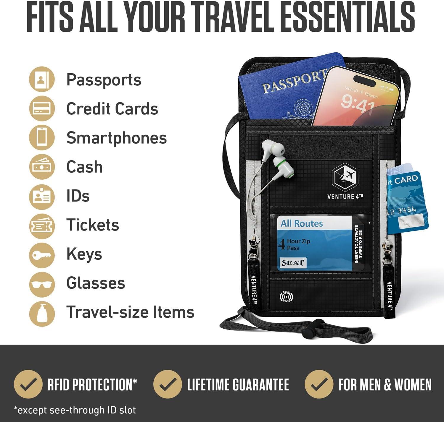 image:imageVENTURE 4TH Neck Wallet for Women amp Men RFID Blocking Passport Holder for Travel Hidden Neck Pouch with 6 Compartments Slim Lightweight Travel Organizer with Adjustable Strap BeigeBlack