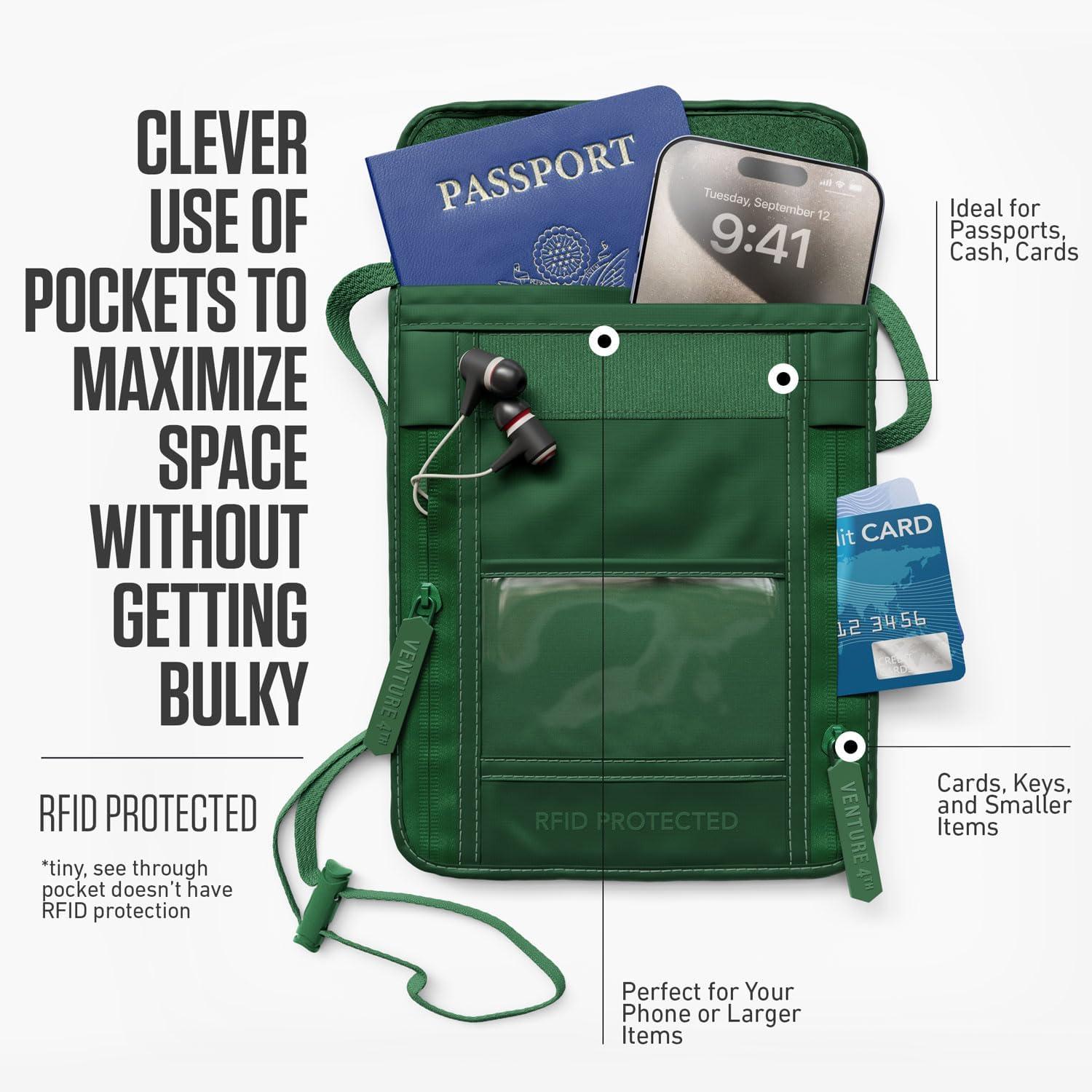 image:imageVENTURE 4TH Neck Wallet for Women amp Men RFID Blocking Passport Holder for Travel Hidden Neck Pouch with 6 Compartments Slim Lightweight Travel Organizer with Adjustable Strap BeigeSleek Army Green