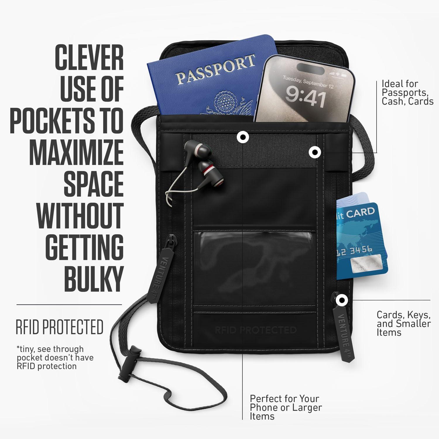 image:imageVENTURE 4TH Neck Wallet for Women amp Men RFID Blocking Passport Holder for Travel Hidden Neck Pouch with 6 Compartments Slim Lightweight Travel Organizer with Adjustable Strap BeigeSleek Black