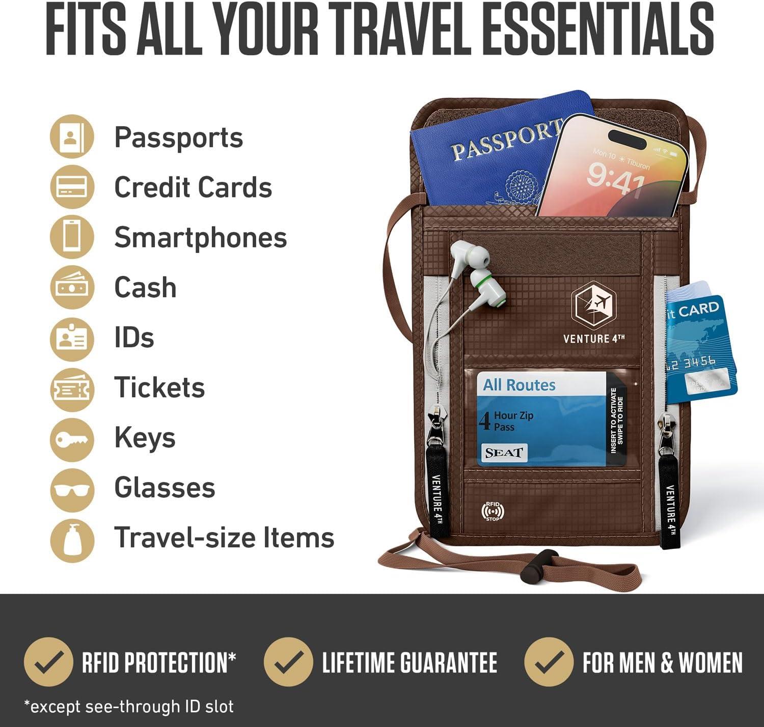 image:imageVENTURE 4TH Neck Wallet for Women amp Men RFID Blocking Passport Holder for Travel Hidden Neck Pouch with 6 Compartments Slim Lightweight Travel Organizer with Adjustable Strap BeigeBrown