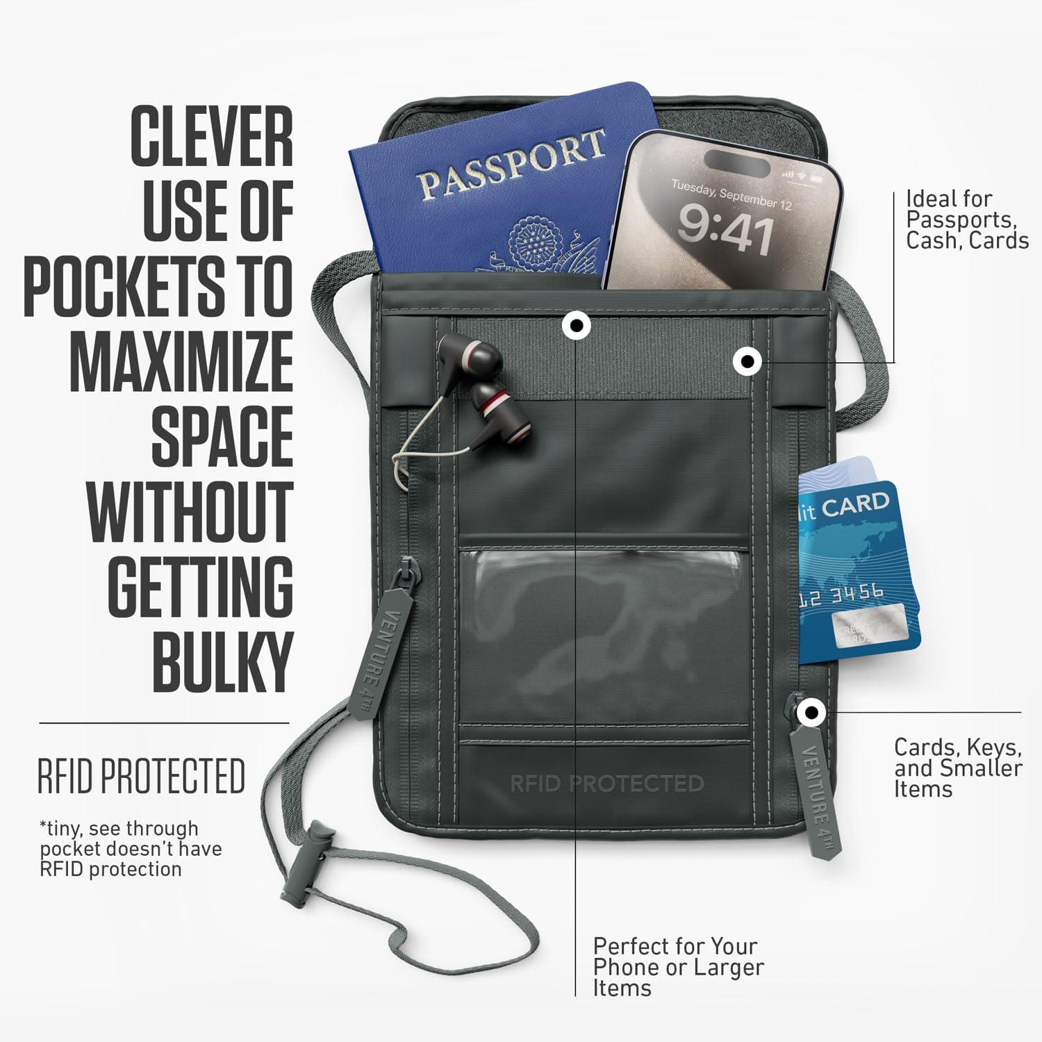 image:imageVENTURE 4TH Neck Wallet for Women amp Men RFID Blocking Passport Holder for Travel Hidden Neck Pouch with 6 Compartments Slim Lightweight Travel Organizer with Adjustable Strap BeigeSleek Gray