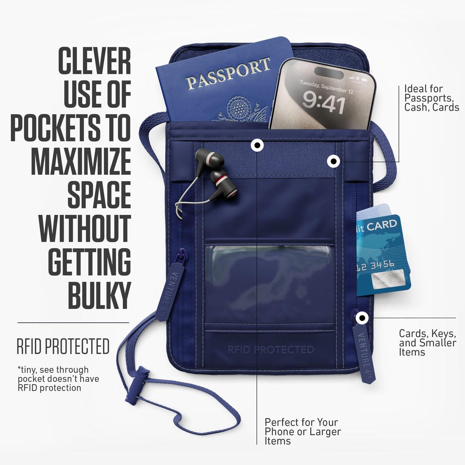 image:imageVENTURE 4TH Neck Wallet for Women amp Men RFID Blocking Passport Holder for Travel Hidden Neck Pouch with 6 Compartments Slim Lightweight Travel Organizer with Adjustable Strap BeigeSleek Navy Blue