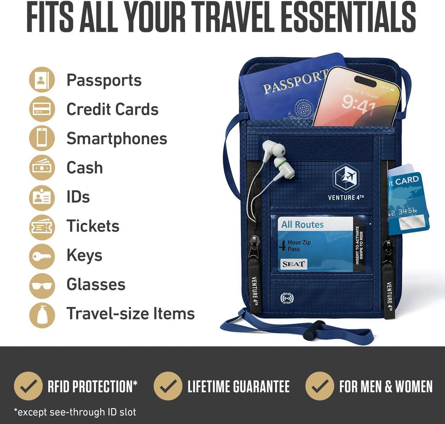 image:imageVENTURE 4TH Neck Wallet for Women amp Men RFID Blocking Passport Holder for Travel Hidden Neck Pouch with 6 Compartments Slim Lightweight Travel Organizer with Adjustable Strap BeigeNavy Blue