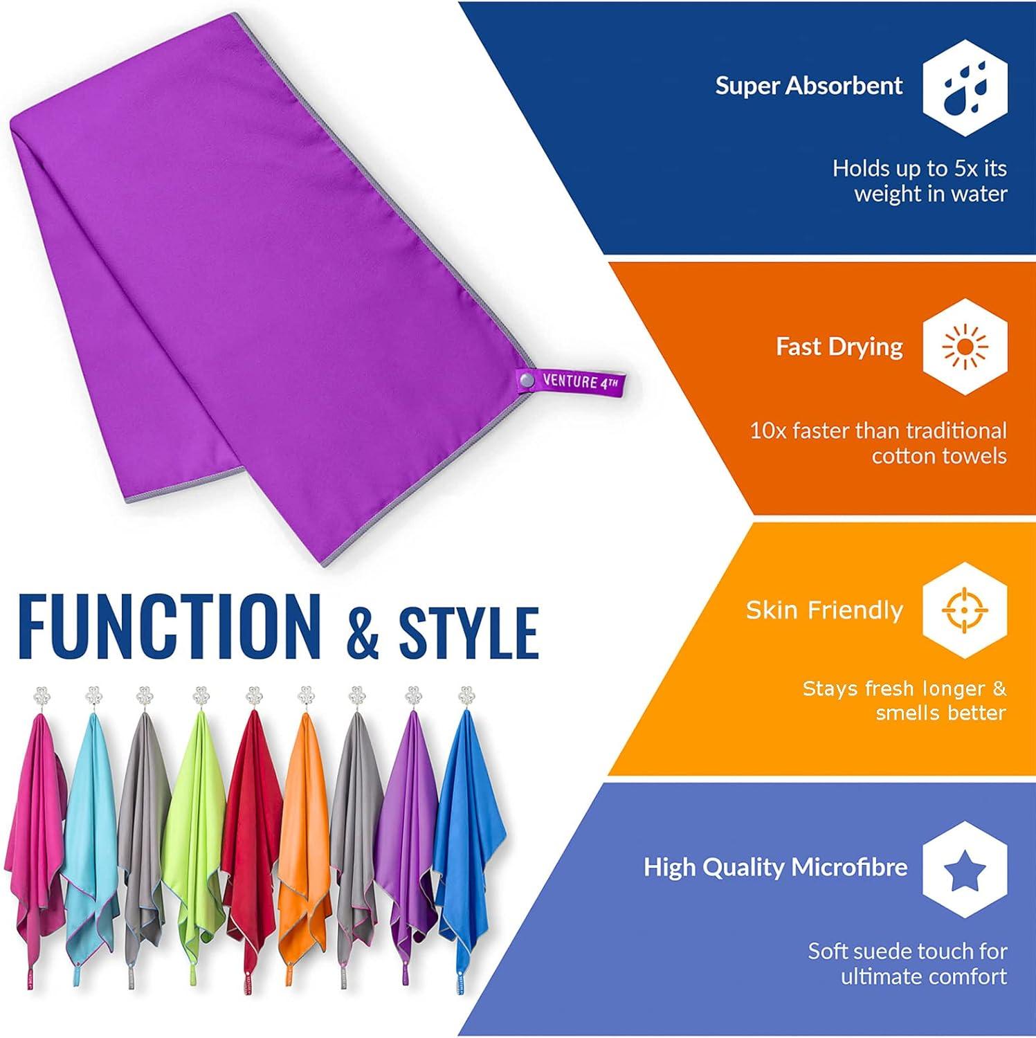 image:imageVENTURE 4TH Quick Dry Travel Towel Fast Drying Ultra Soft Microfiber Towels Essential for Camping Backpacking Yoga Swimming Gym Sports and Beach 3 Compact SizesPurple Gray