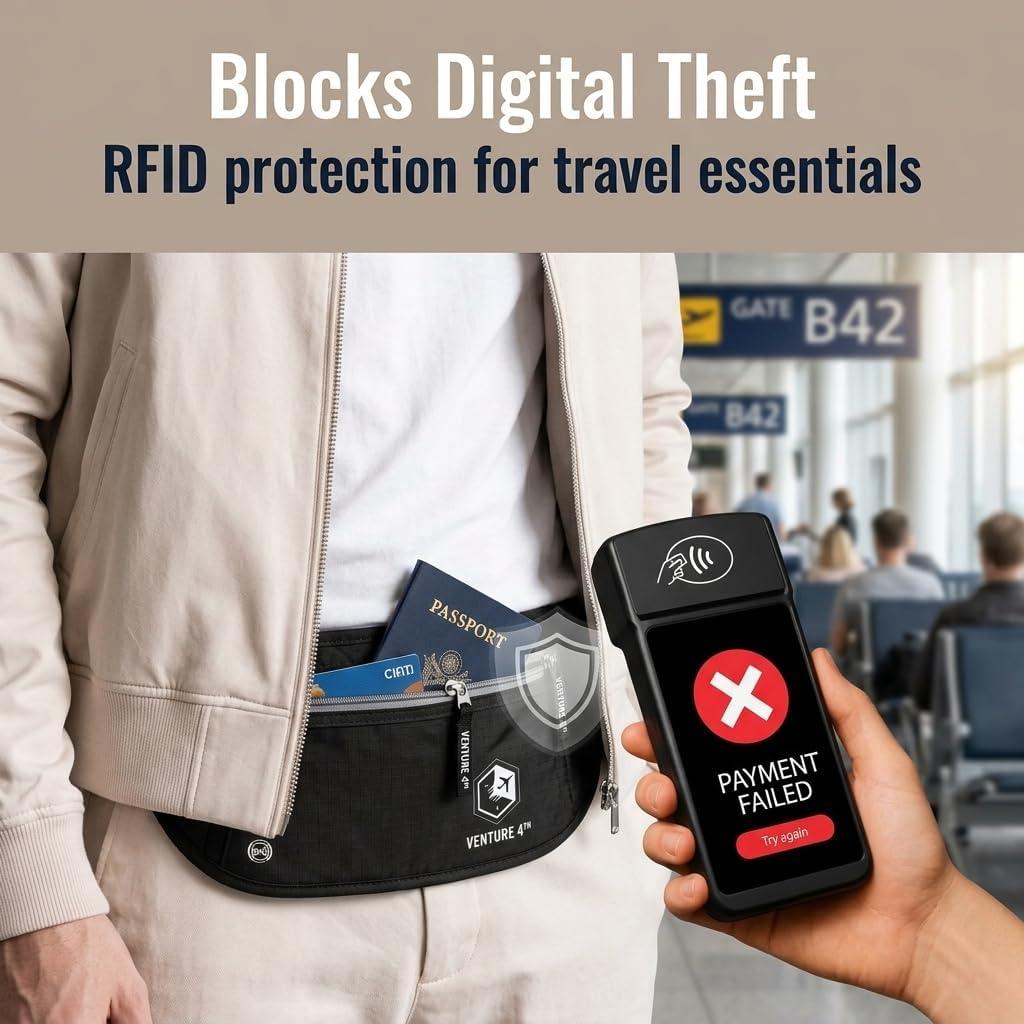 image:imageVENTURE 4TH Slim Minimalist Design RFID Money Belt with RFID Blocking Sleeves for Men and Women Ideal for Keeping Your Cash Credit Card Passport Phone Secure When Traveling GrayBlack