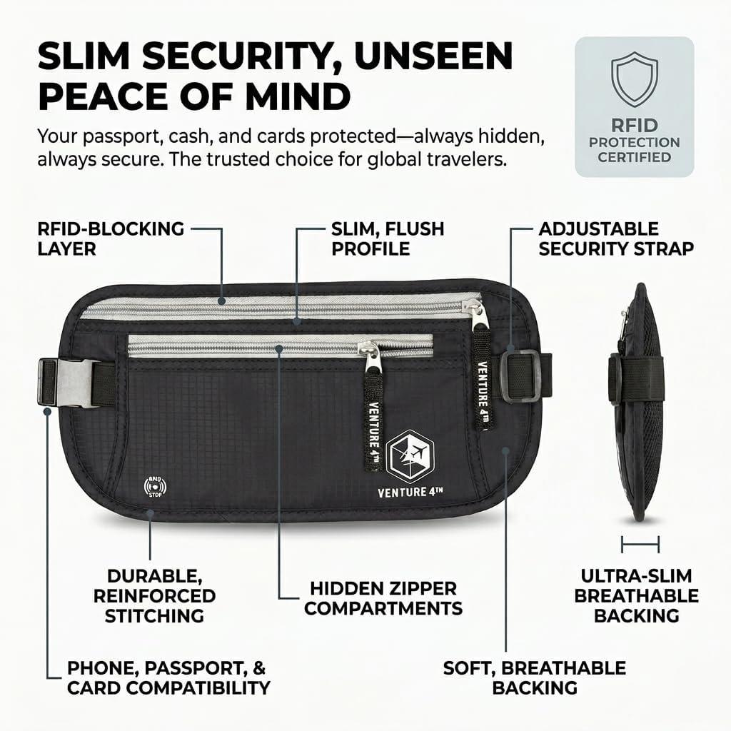 image:imageVENTURE 4TH Slim Minimalist Design RFID Money Belt with RFID Blocking Sleeves for Men and Women Ideal for Keeping Your Cash Credit Card Passport Phone Secure When Traveling GrayBlack