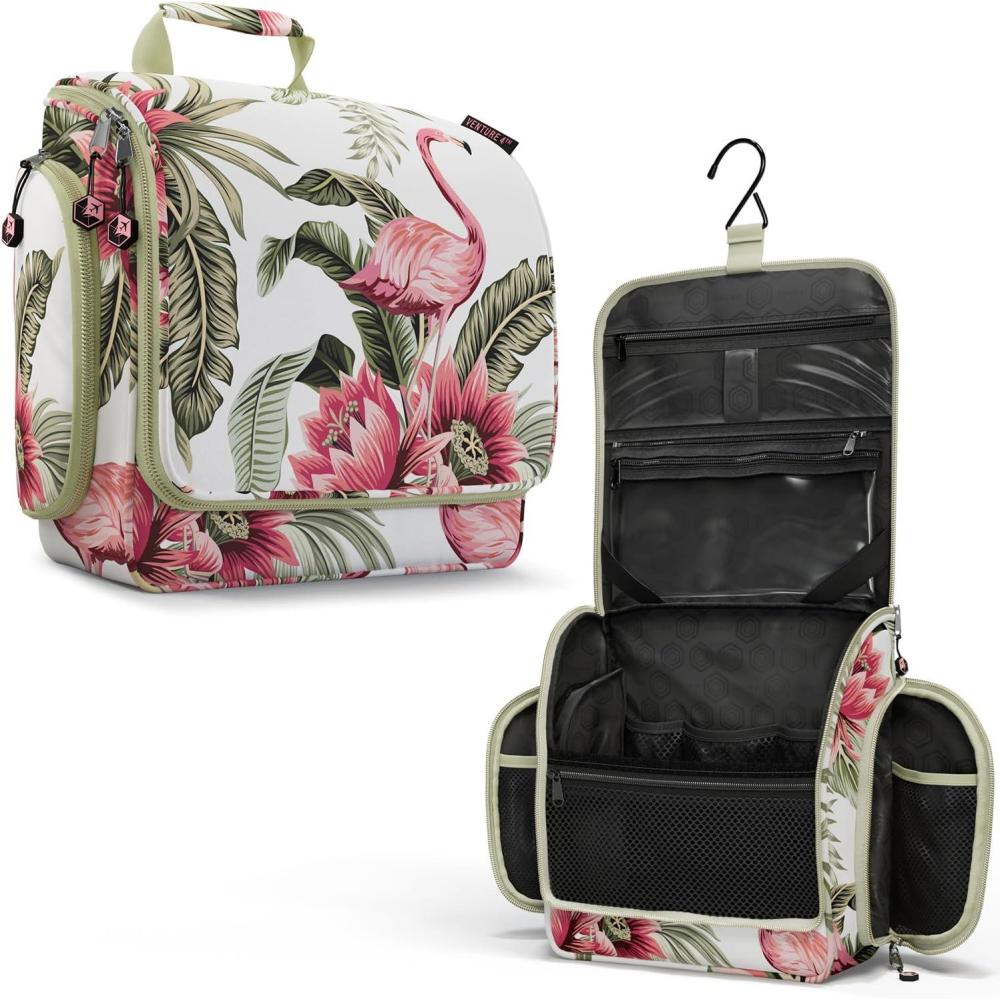image:imageVENTURE 4TH Hanging Travel Toiletry Bag for Women amp Men Large Toiletry Organizer with 18 Compartments Removable TSA Pouch Travel Wash Bag for Toiletries Makeup amp Shaving Kit Forest GreenPink Flamingo