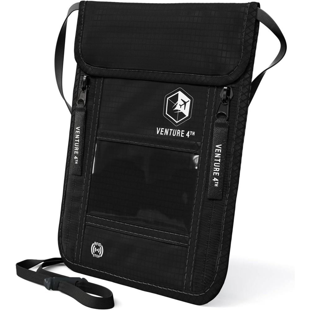 image:imageVENTURE 4TH Neck Wallet for Women amp Men RFID Blocking Passport Holder for Travel Hidden Neck Pouch with 6 Compartments Slim Lightweight Travel Organizer with Adjustable Strap BeigePure Black
