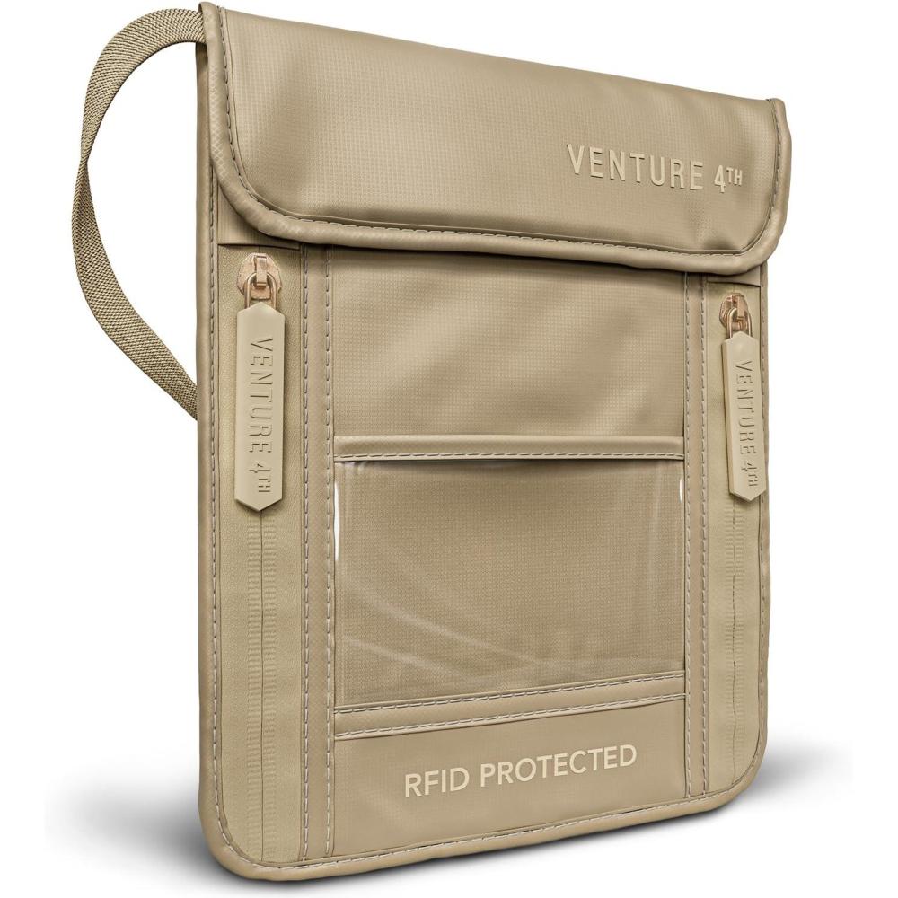 image:imageVENTURE 4TH Neck Wallet for Women amp Men RFID Blocking Passport Holder for Travel Hidden Neck Pouch with 6 Compartments Slim Lightweight Travel Organizer with Adjustable Strap BeigeSleek Beige