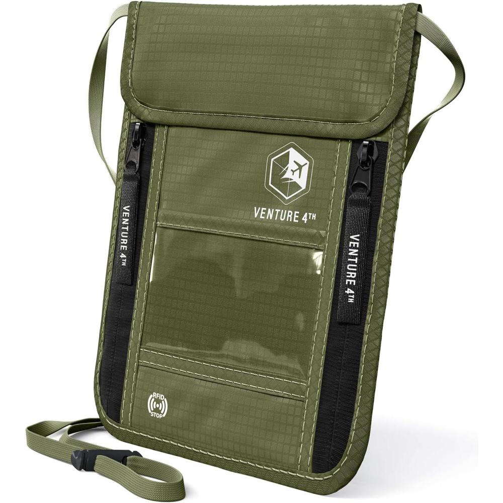 image:imageVENTURE 4TH Neck Wallet for Women amp Men RFID Blocking Passport Holder for Travel Hidden Neck Pouch with 6 Compartments Slim Lightweight Travel Organizer with Adjustable Strap BeigeGreen