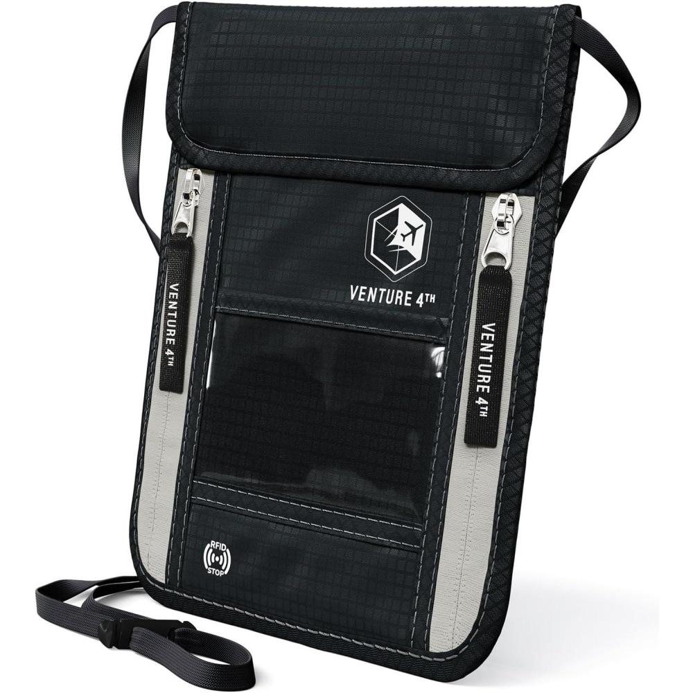 image:imageVENTURE 4TH Neck Wallet for Women amp Men RFID Blocking Passport Holder for Travel Hidden Neck Pouch with 6 Compartments Slim Lightweight Travel Organizer with Adjustable Strap BeigeBlack
