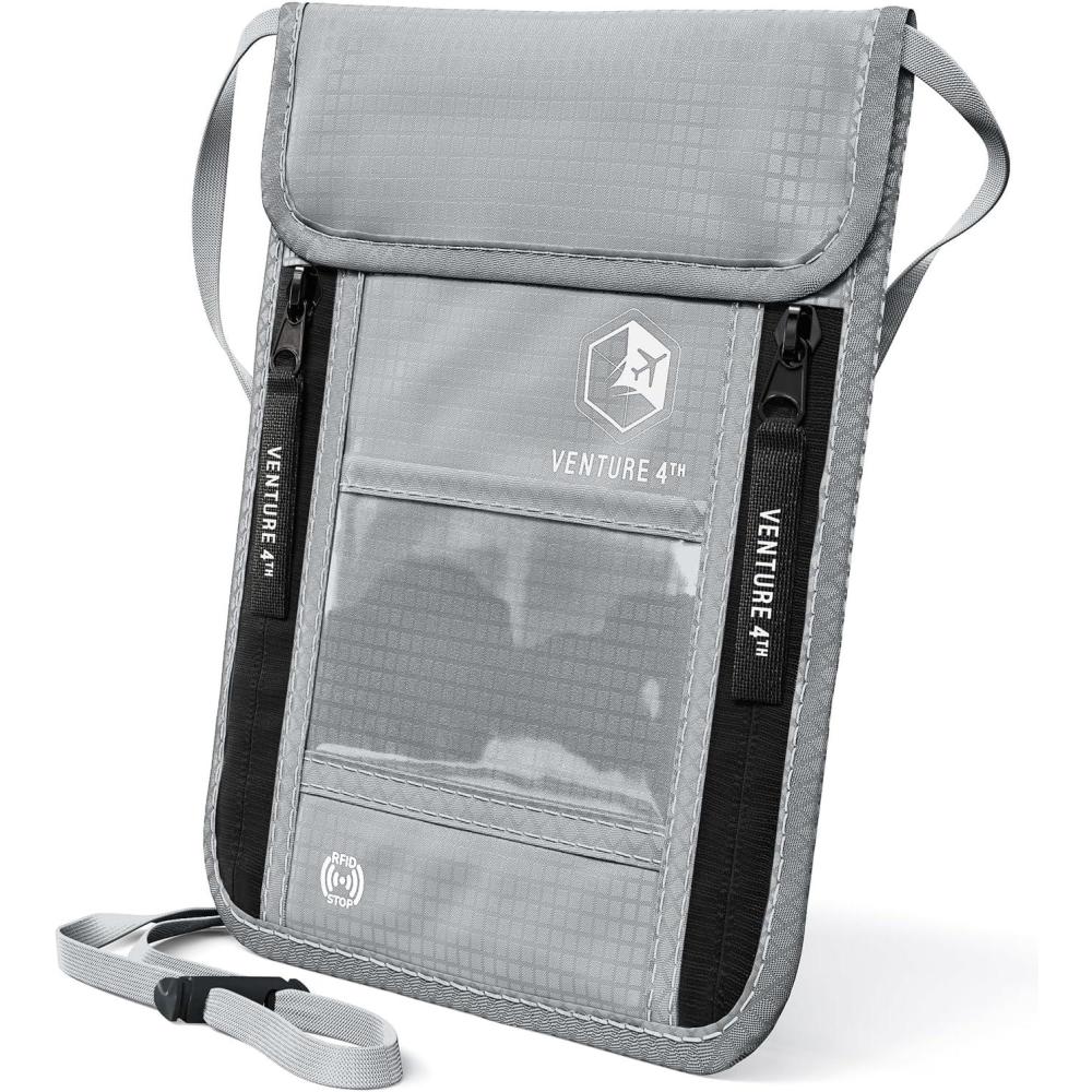 image:imageVENTURE 4TH Neck Wallet for Women amp Men RFID Blocking Passport Holder for Travel Hidden Neck Pouch with 6 Compartments Slim Lightweight Travel Organizer with Adjustable Strap BeigeSilver