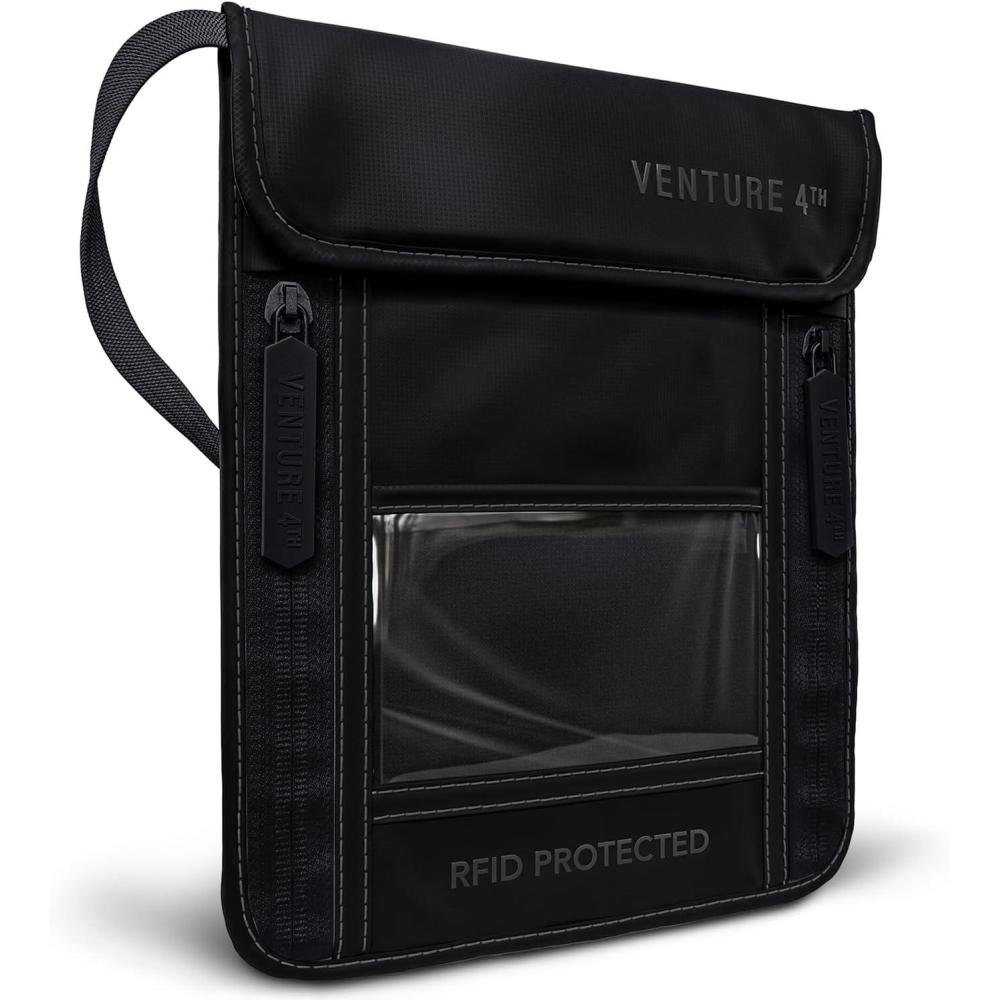 image:imageVENTURE 4TH Neck Wallet for Women amp Men RFID Blocking Passport Holder for Travel Hidden Neck Pouch with 6 Compartments Slim Lightweight Travel Organizer with Adjustable Strap BeigeSleek Black