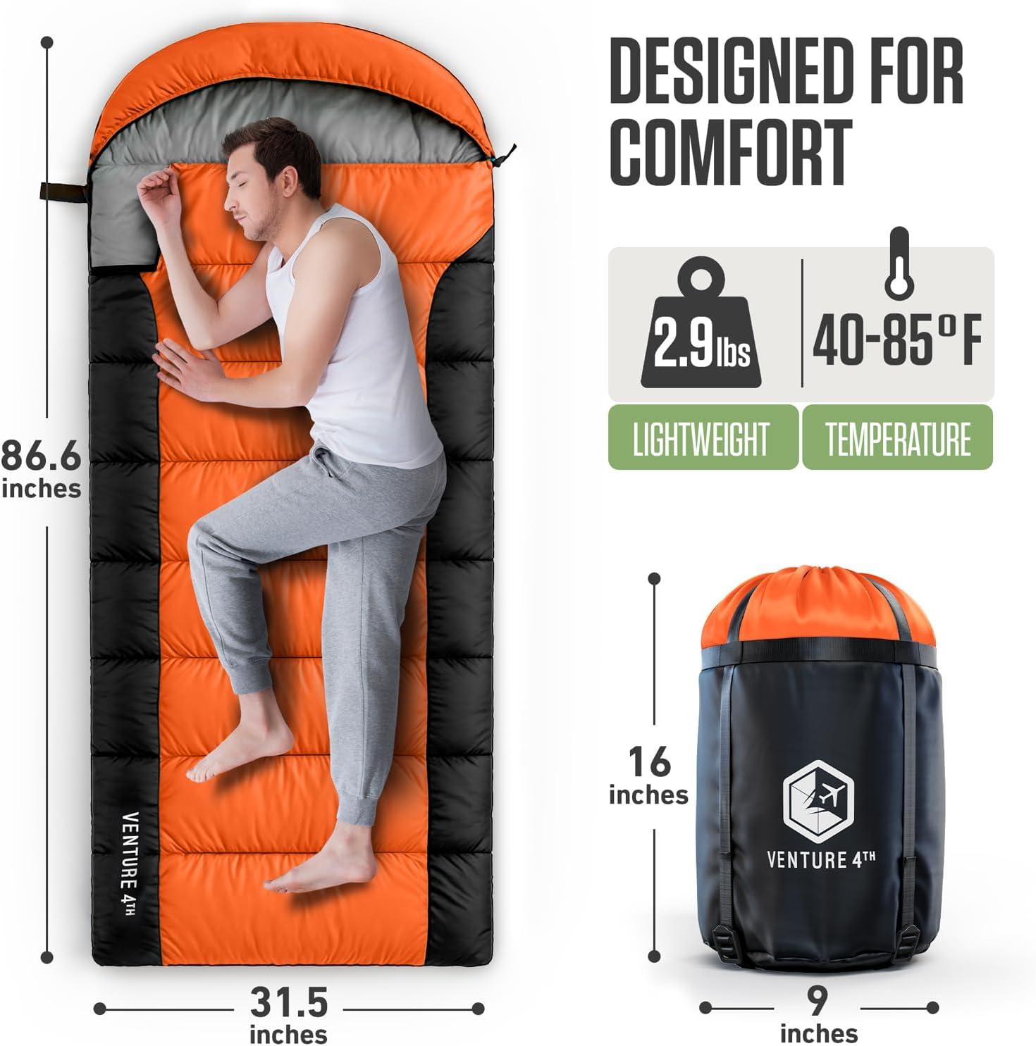 image:imageVENTURE 4TH Backpacking Sleeping Bag XXL Double and Single Sizes Lightweight Warm amp Cold Weather Sleeping Bags for Adults Kids amp Couples Ideal for Hiking Camping amp Outdoor AdventuresOrangeBlack