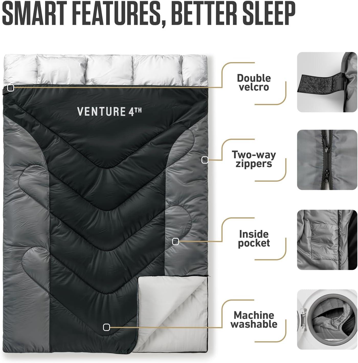 image:imageVENTURE 4TH Backpacking Sleeping Bag XXL Double and Single Sizes Lightweight Warm amp Cold Weather Sleeping Bags for Adults Kids amp Couples Ideal for Hiking Camping amp Outdoor AdventuresBlackSilver