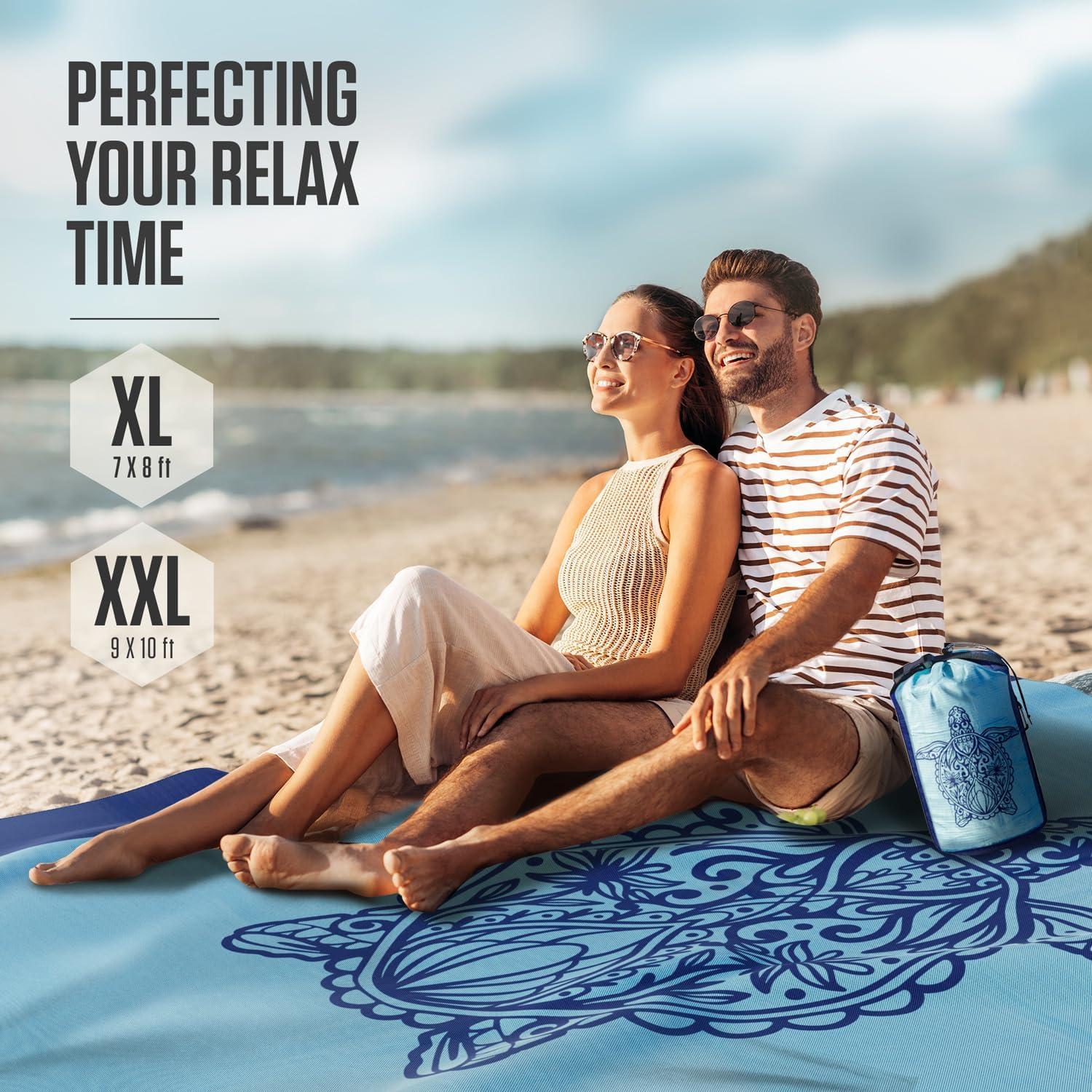 image:imageVENTURE 4TH FamilySize Beach Blanket Sandproof Waterproof Lightweight amp Compact Includes Stakes and Carry Bag 7x8 feet XL Mandala Turtle