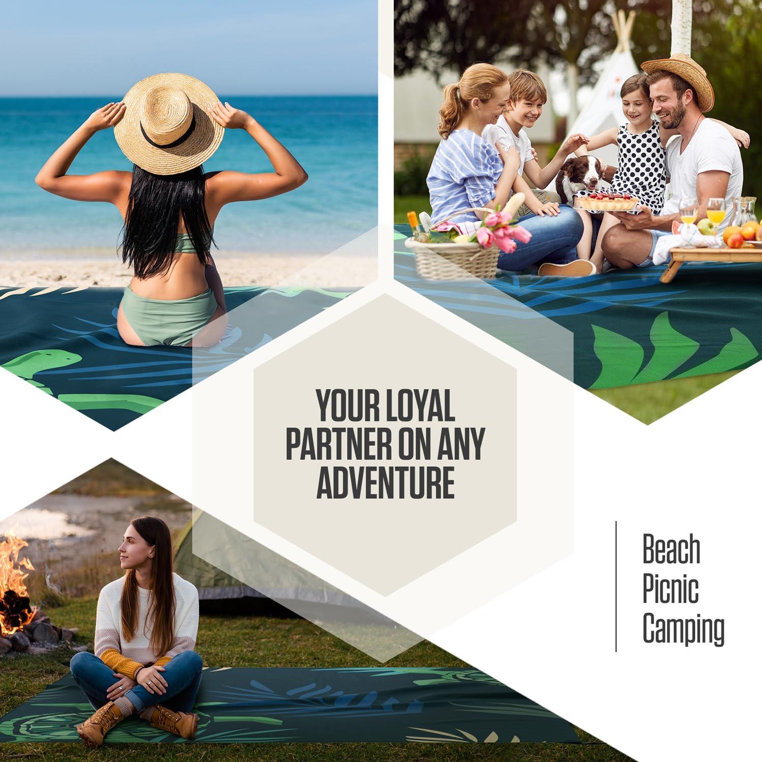 image:imageVENTURE 4TH FamilySize Beach Blanket Sandproof Waterproof Lightweight amp Compact Includes Stakes and Carry Bag 7x8 feet XL Navy Turtle