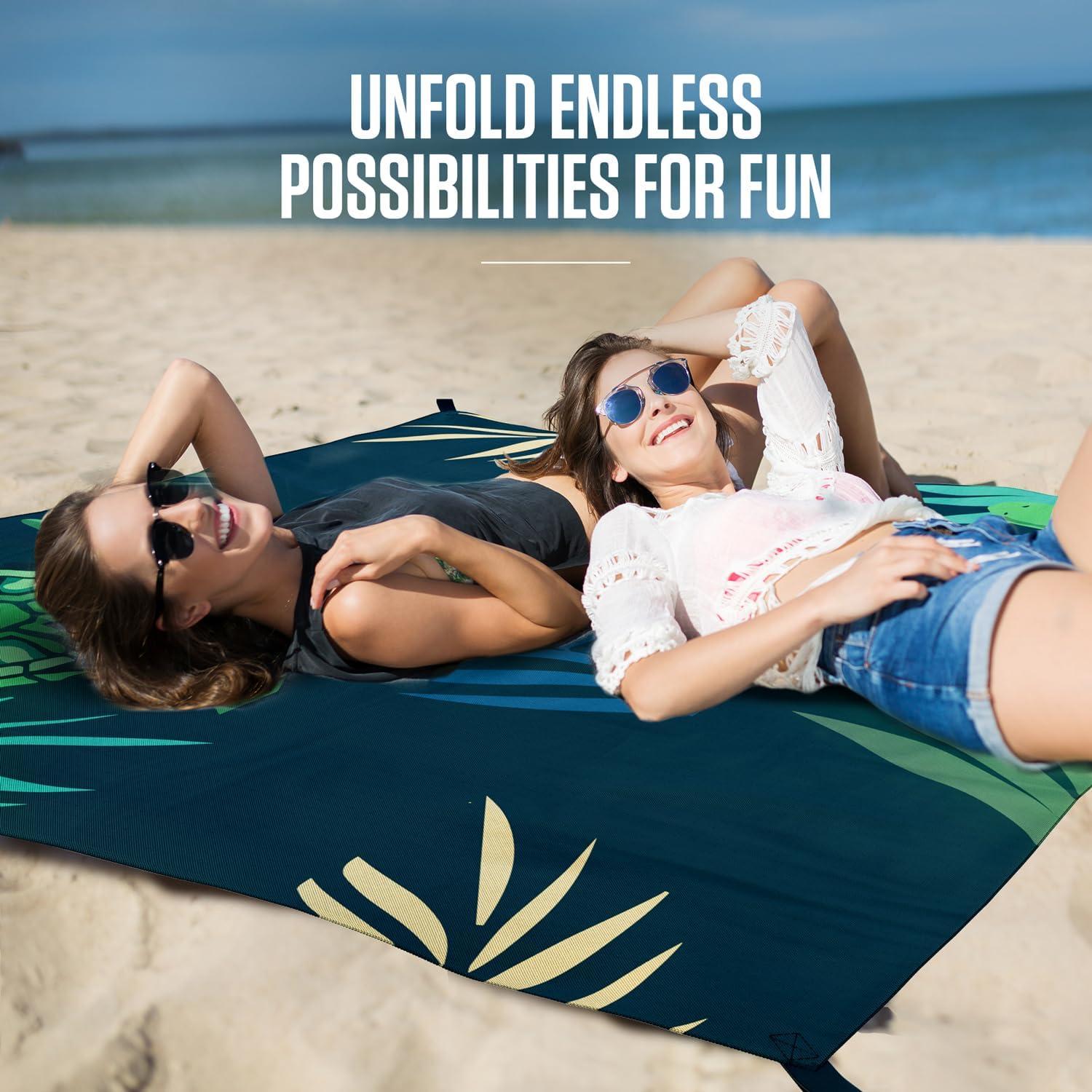 image:imageVENTURE 4TH FamilySize Beach Blanket Sandproof Waterproof Lightweight amp Compact Includes Stakes and Carry Bag 7x8 feet XL Navy Turtle