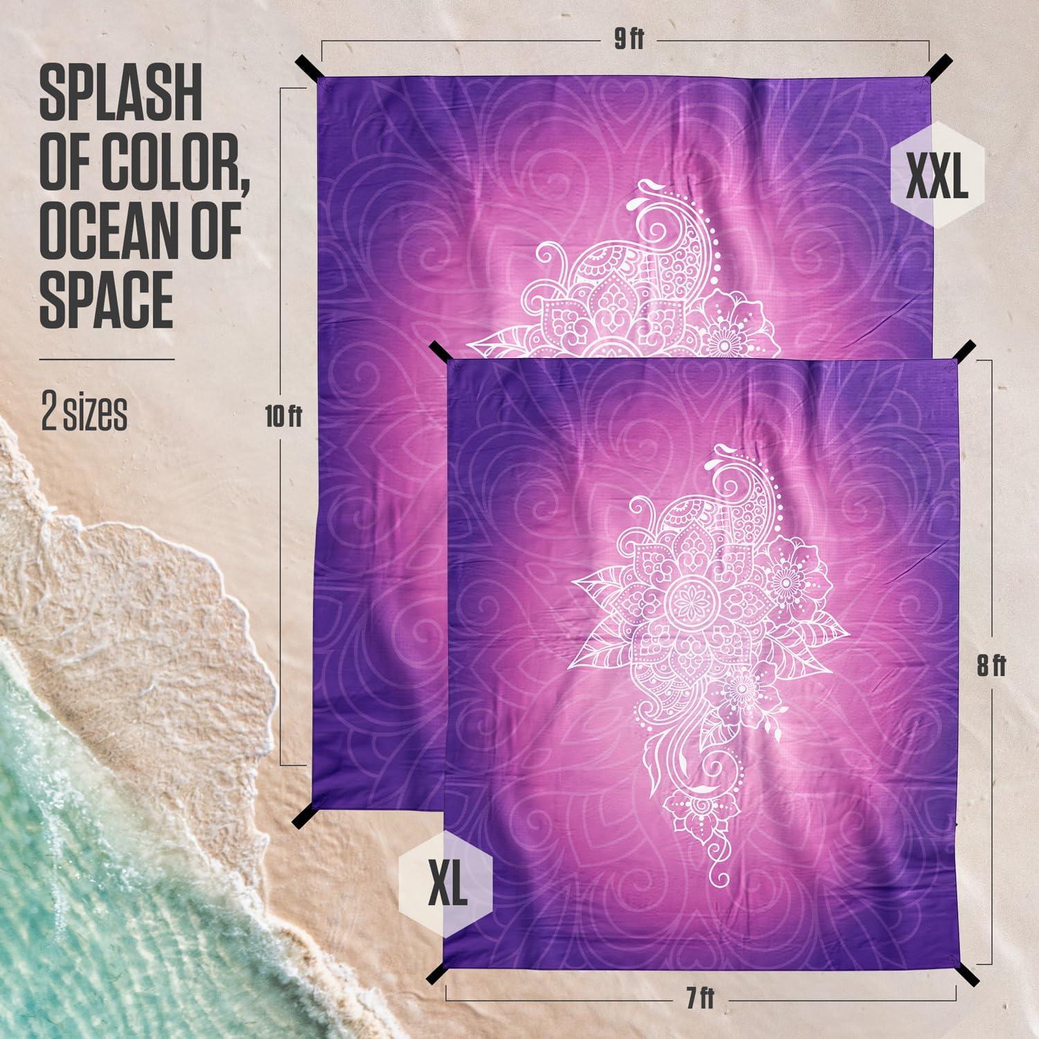 image:imageVENTURE 4TH FamilySize Beach Blanket Sandproof Waterproof Lightweight amp Compact Includes Stakes and Carry Bag 7x8 feet XL Purple Mandala