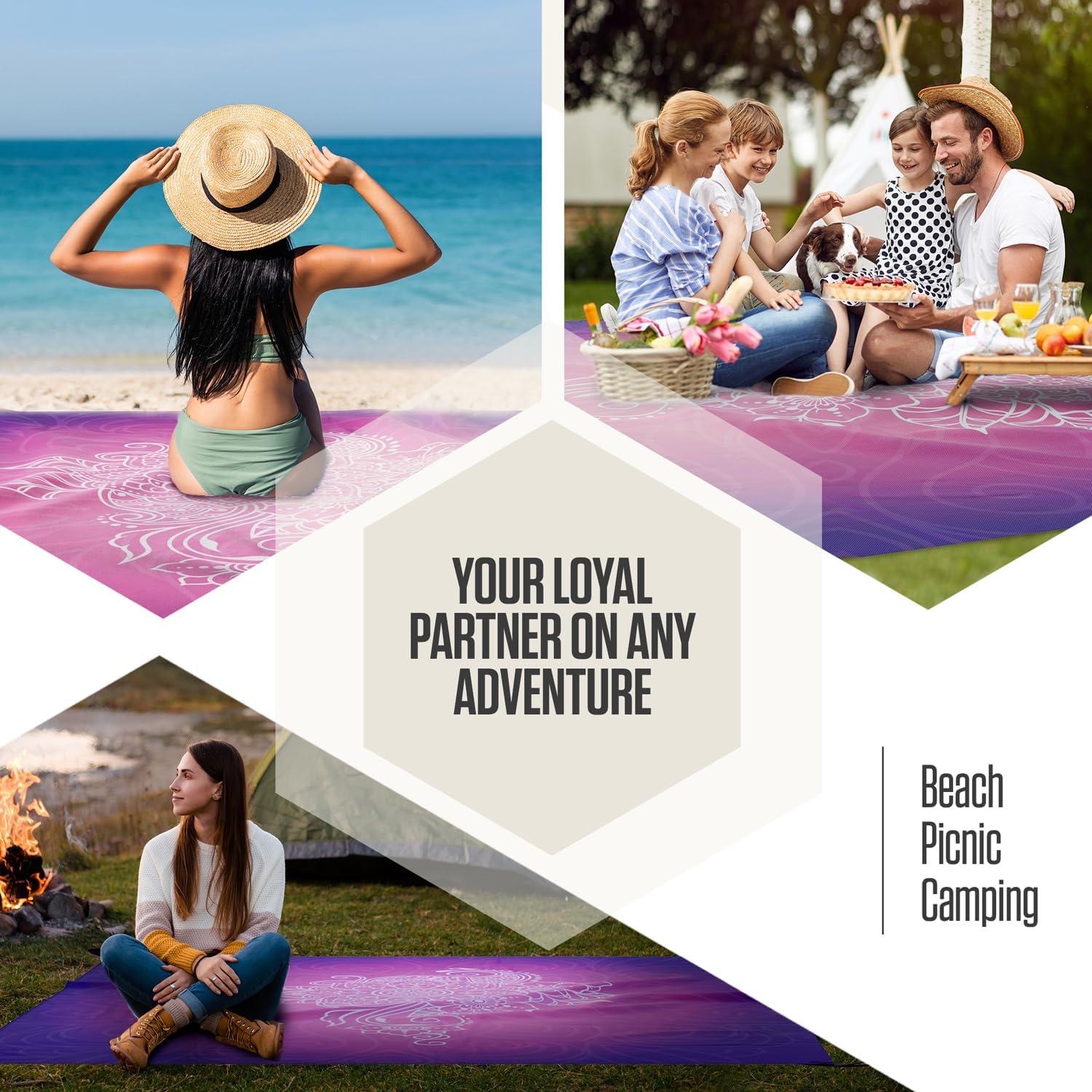 image:imageVENTURE 4TH FamilySize Beach Blanket Sandproof Waterproof Lightweight amp Compact Includes Stakes and Carry Bag 7x8 feet XL Purple Mandala
