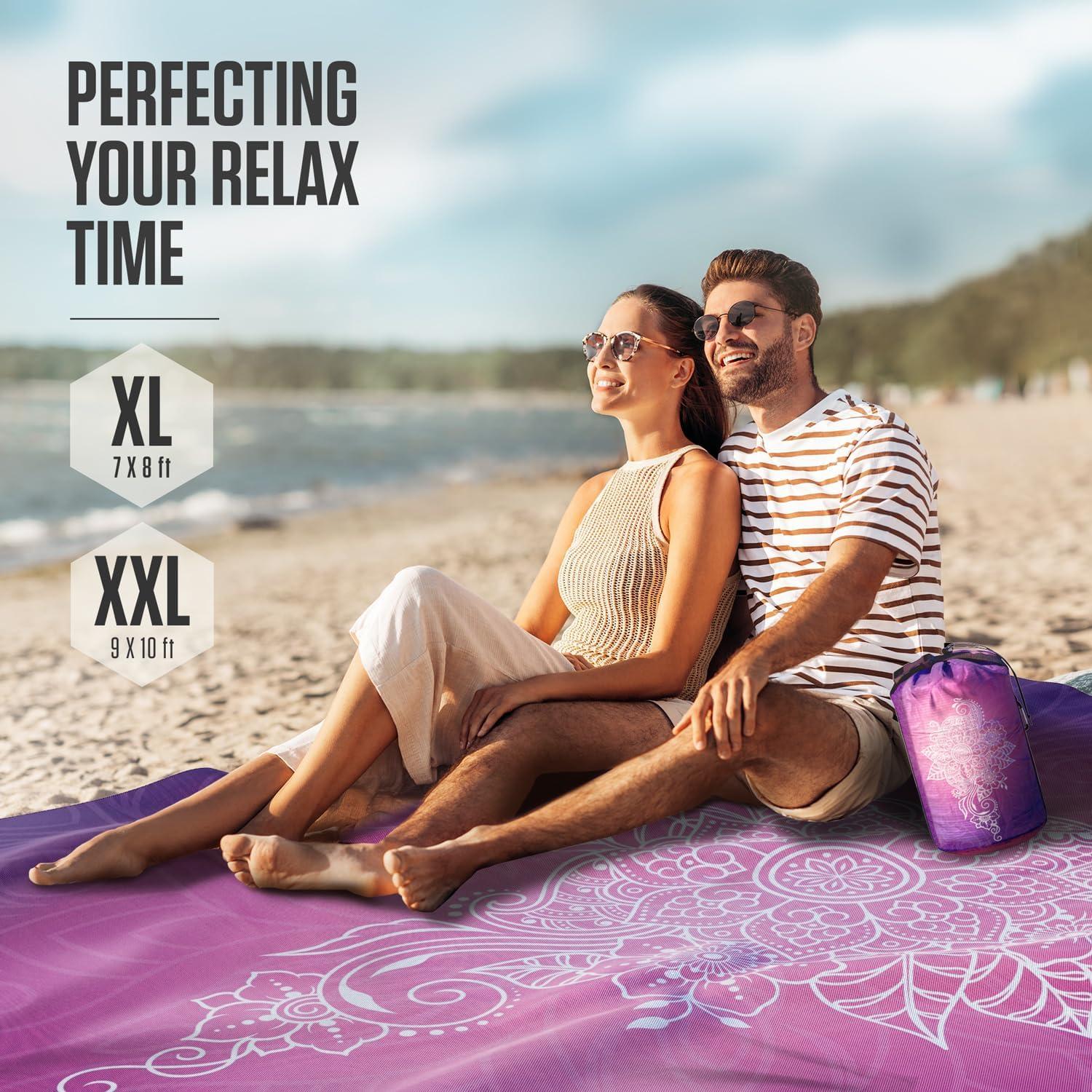 image:imageVENTURE 4TH FamilySize Beach Blanket Sandproof Waterproof Lightweight amp Compact Includes Stakes and Carry Bag 7x8 feet XL Purple Mandala