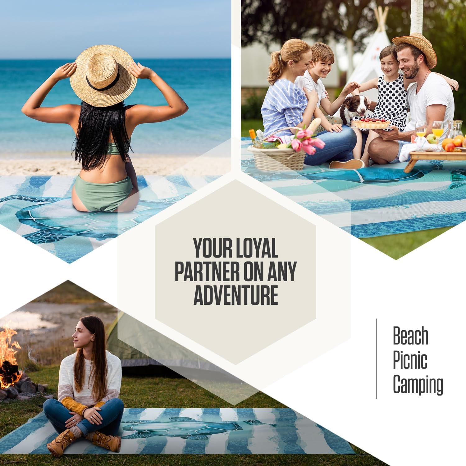 image:imageVENTURE 4TH FamilySize Beach Blanket Sandproof Waterproof Lightweight amp Compact Includes Stakes and Carry Bag 7x8 feet XL Striped Turtle