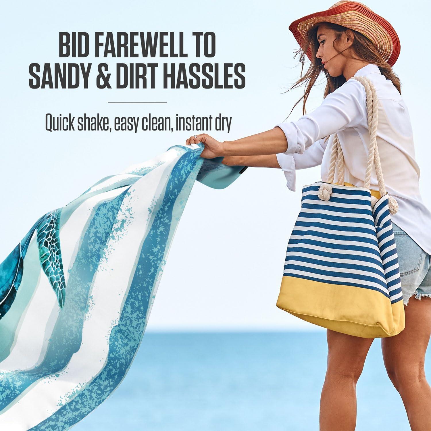 image:imageVENTURE 4TH FamilySize Beach Blanket Sandproof Waterproof Lightweight amp Compact Includes Stakes and Carry Bag 7x8 feet XL Striped Turtle