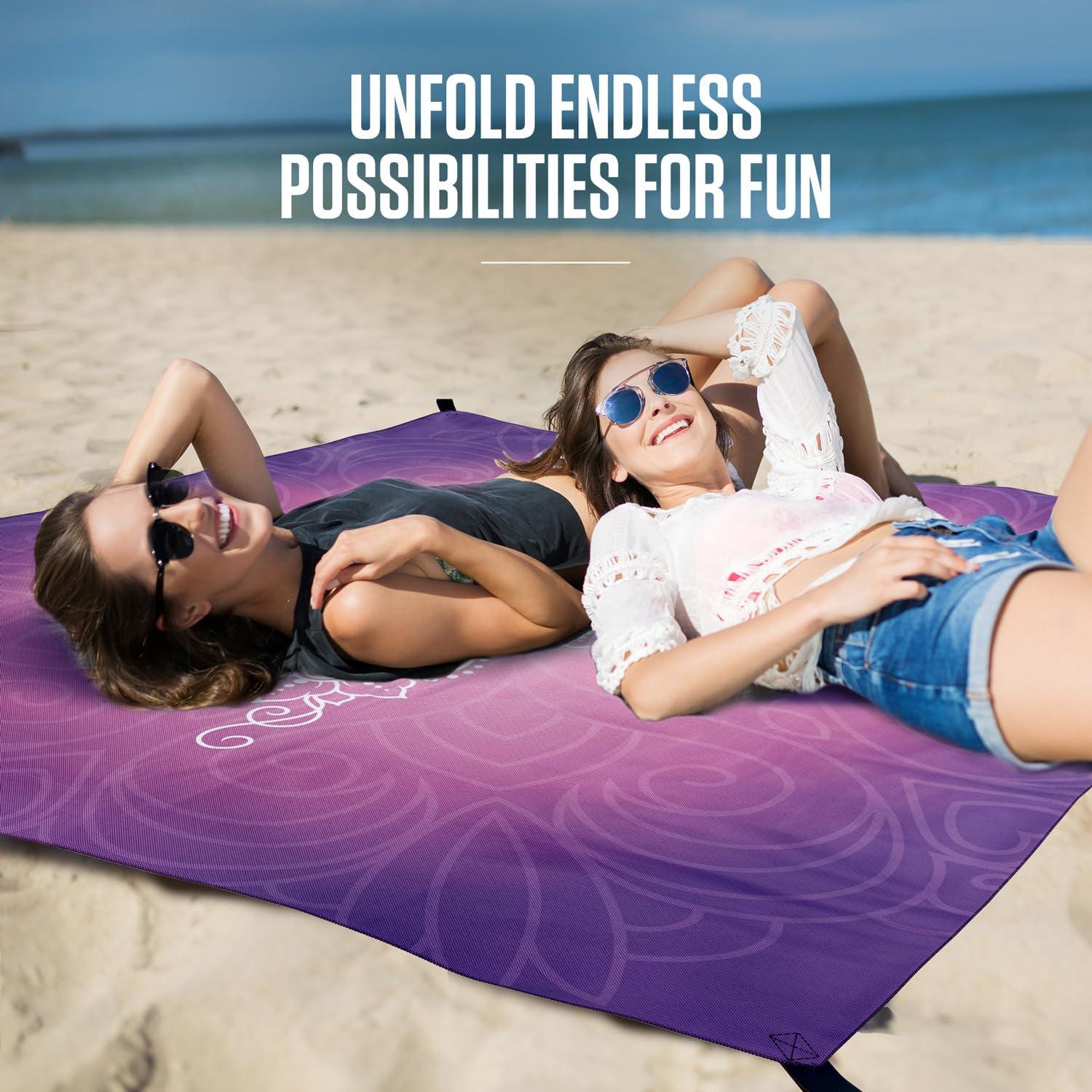 image:imageVENTURE 4TH FamilySize Beach Blanket Sandproof Waterproof Lightweight amp Compact Includes Stakes and Carry Bag 9x10 feet XXL Purple Mandala