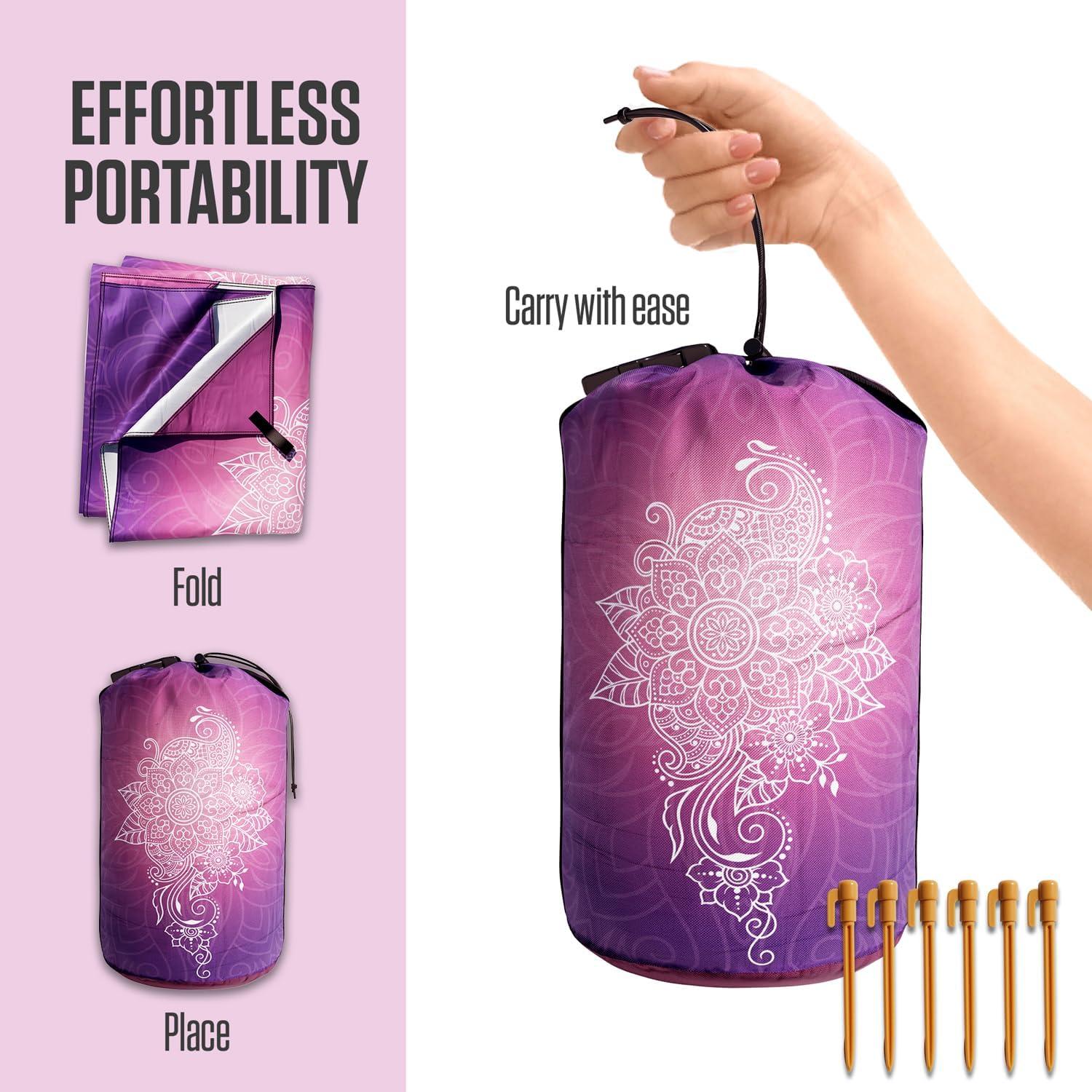 image:imageVENTURE 4TH FamilySize Beach Blanket Sandproof Waterproof Lightweight amp Compact Includes Stakes and Carry Bag 9x10 feet XXL Purple Mandala